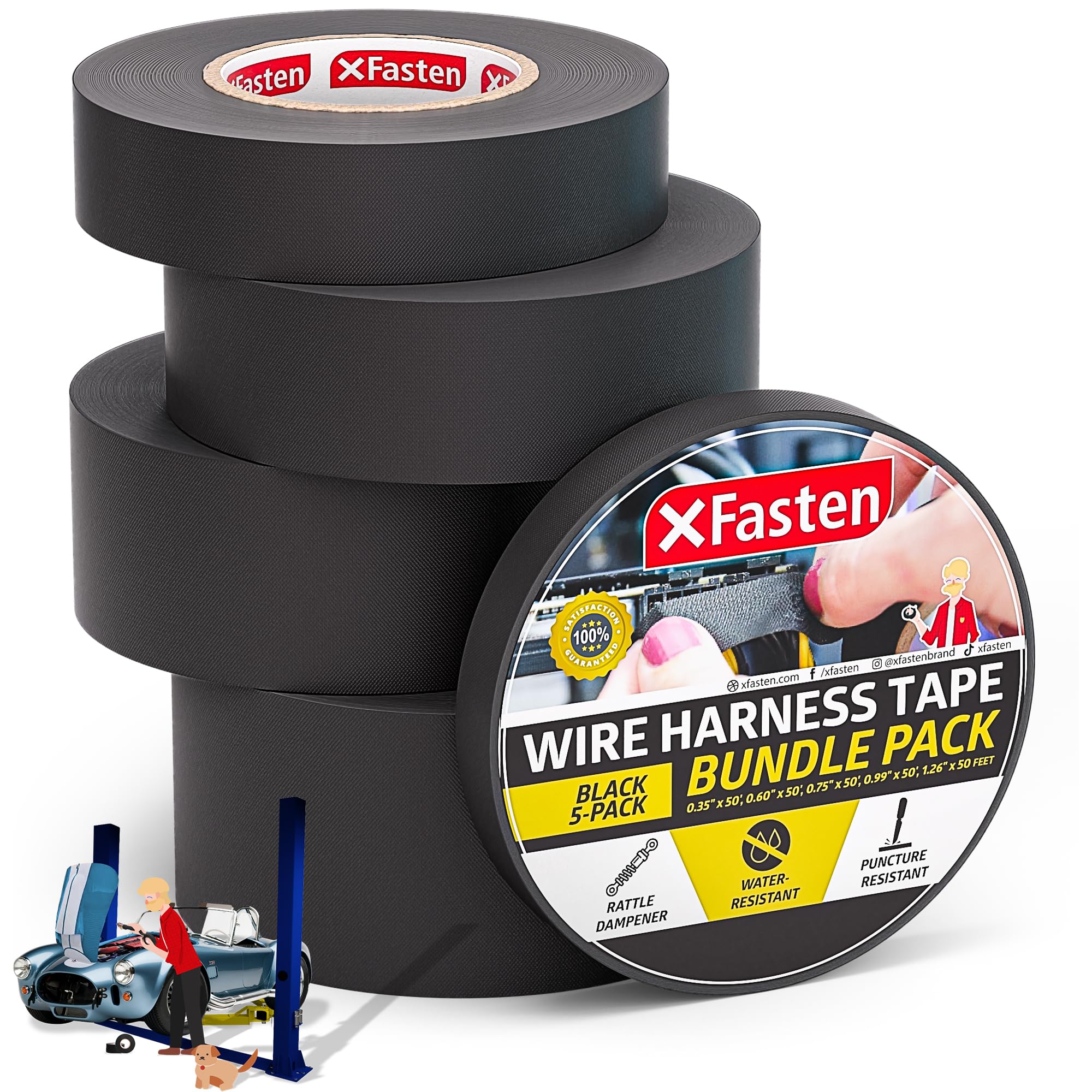 XFasten Wire Harness Tape, 250 Feet Total (5-Set Width), High Temp Wiring Loom Harness, Self-Adhesive Felt Cloth Electrical Tape for Automotive