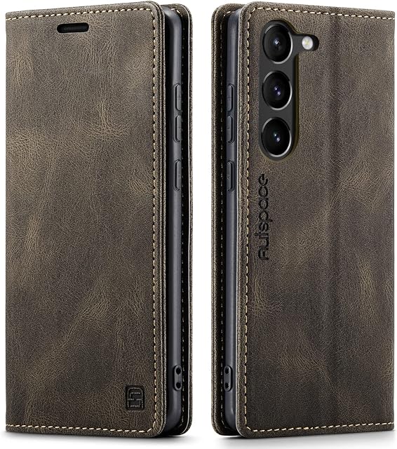LOLFZ Wallet Case for Samsung Galaxy S23 5G, Magnetic Flip Leather Case with RFID Block Card Slots Kickstand Shockproof Protective Cover Compatible with Galaxy S23 5G - Coffee Brown