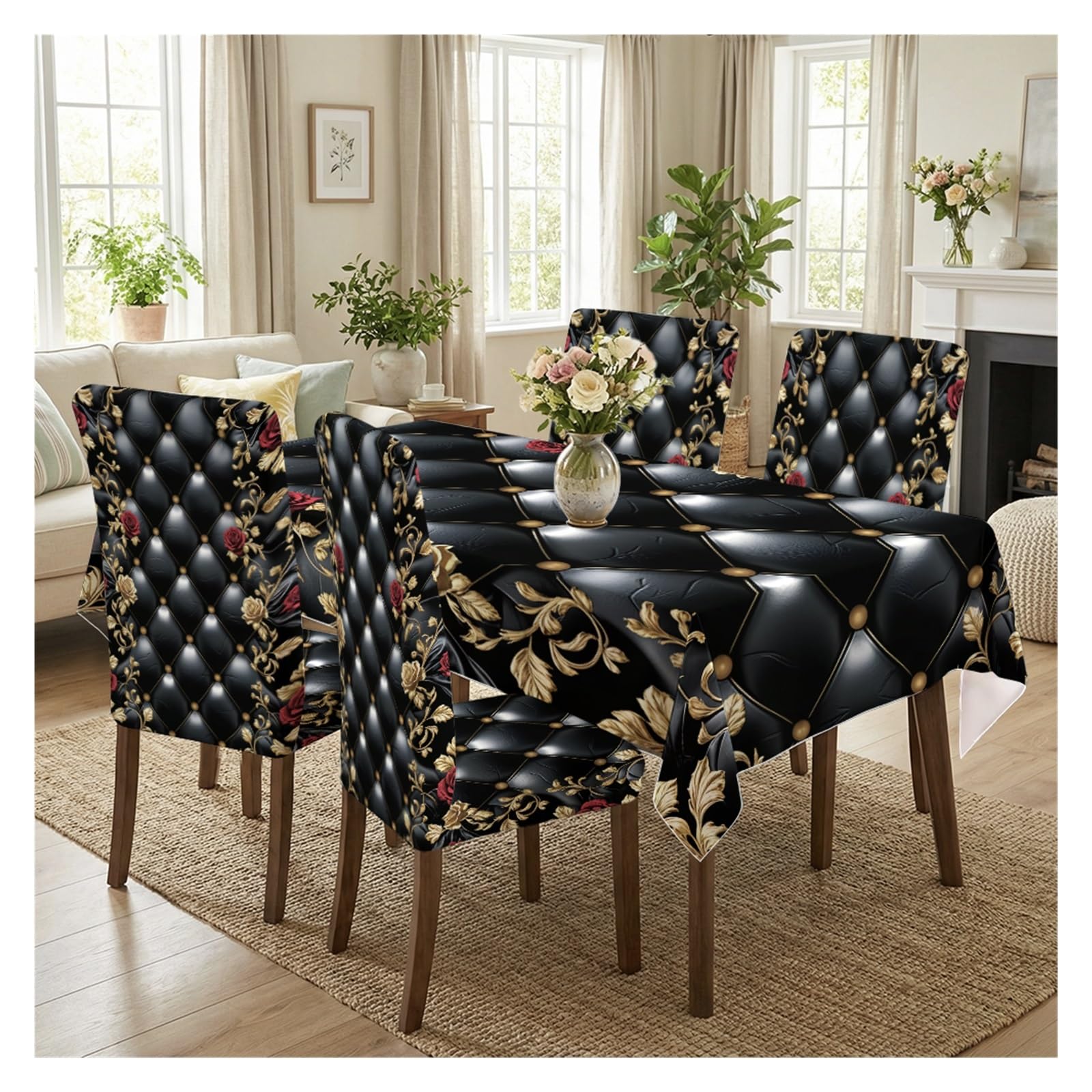 KXUAUV Black Tufted Rose Print Tablecloth & Chair Covers Set, Slipcovers For Dining Room, Kitchen, Banquet & Gothic Decor, 5/7 Pack Party Decor(5pcs Set: Tablecloth+Chair Covers)