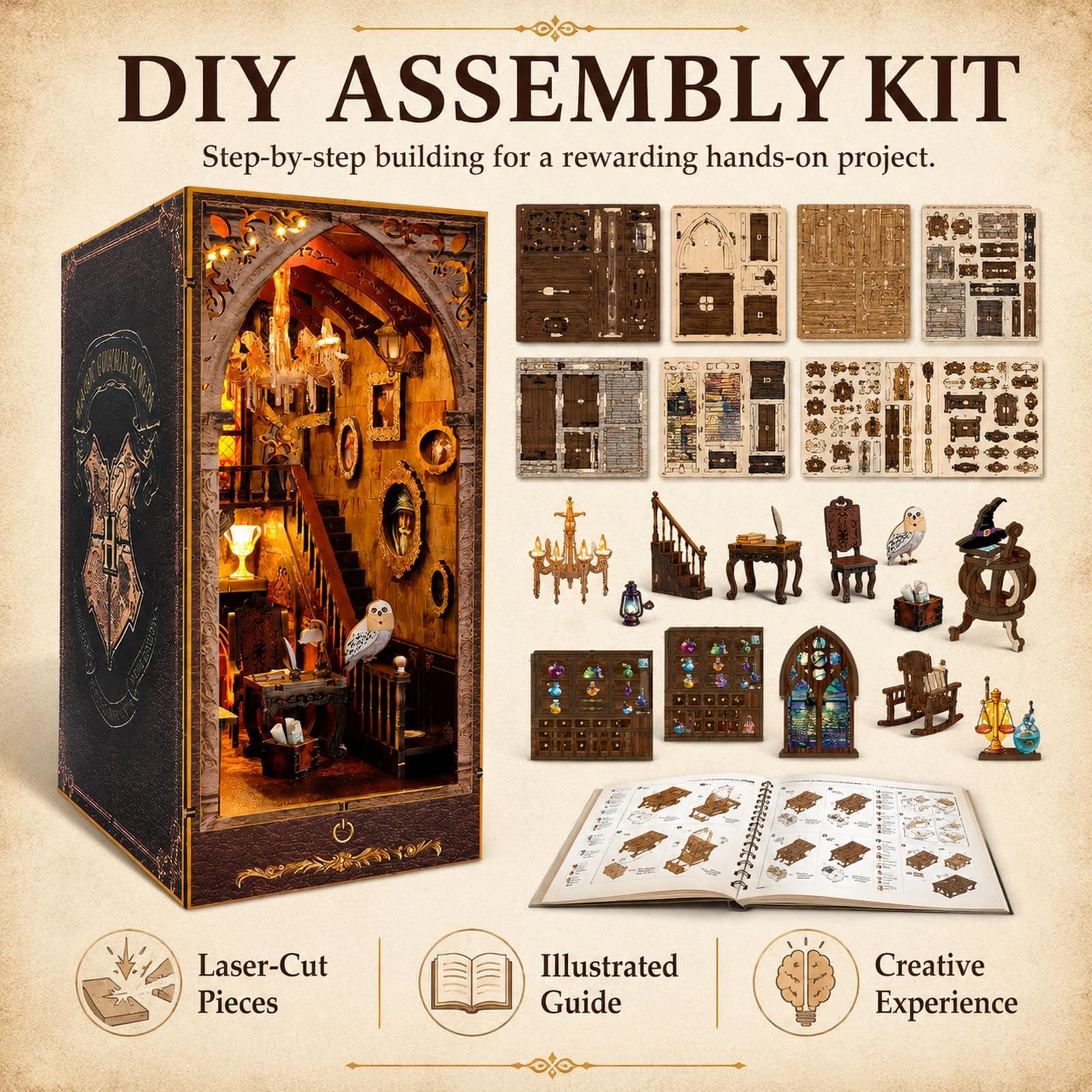 GOOGO Kit Book Nook, casa in miniatura DIY Book Nook con luce LED, puzzle 3D in legno, fermalibri decorativo per libreria, regalo creativo per adulti e ragazzi dai 14 anni in su (Scuola di magia)