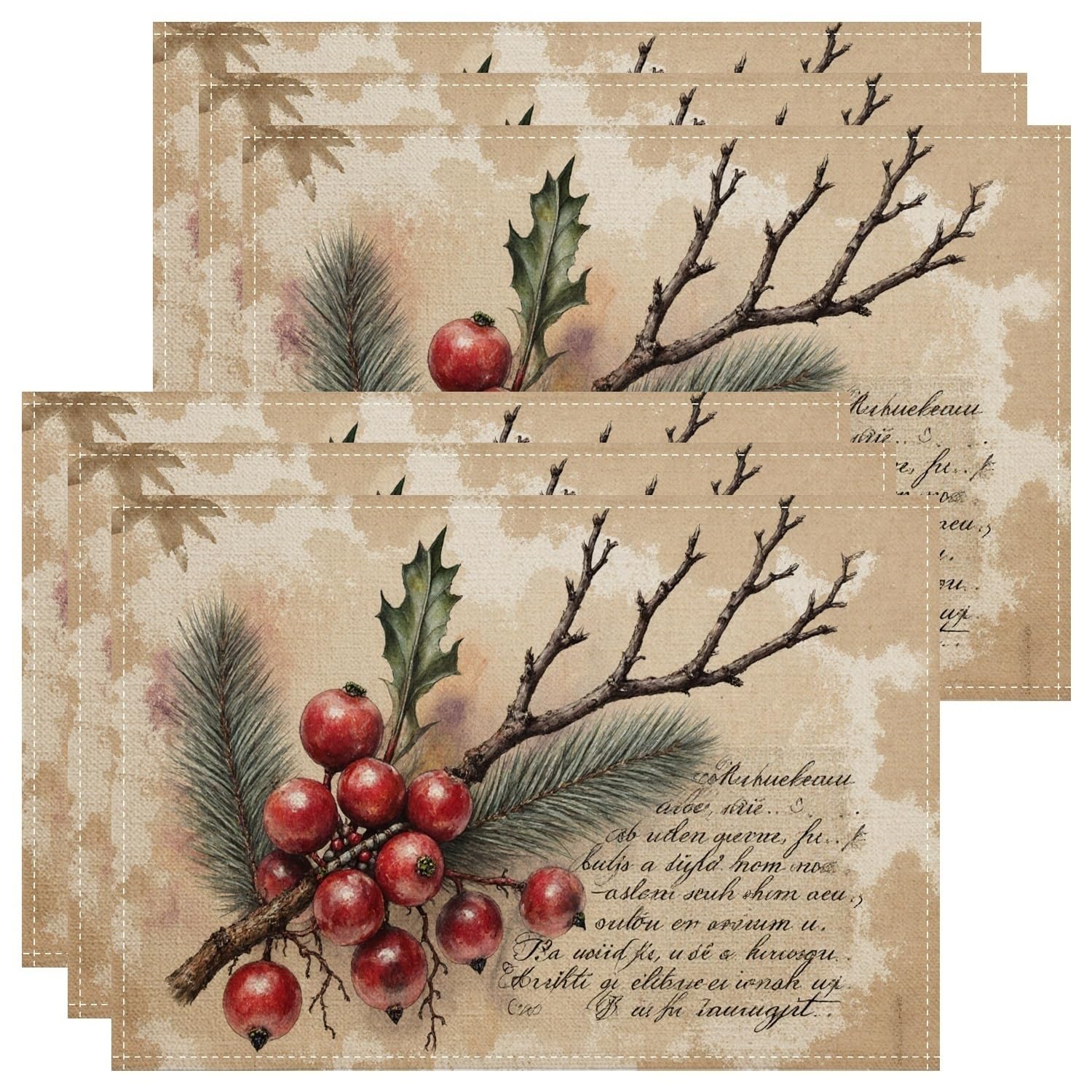 Rustic Berries Placemats, Vintage Botanical Place Mats for Dining Table, Winter Holiday Non-Slip Washable Indoor Outdoor Kitchen Party Decorative Placemat Set of 6