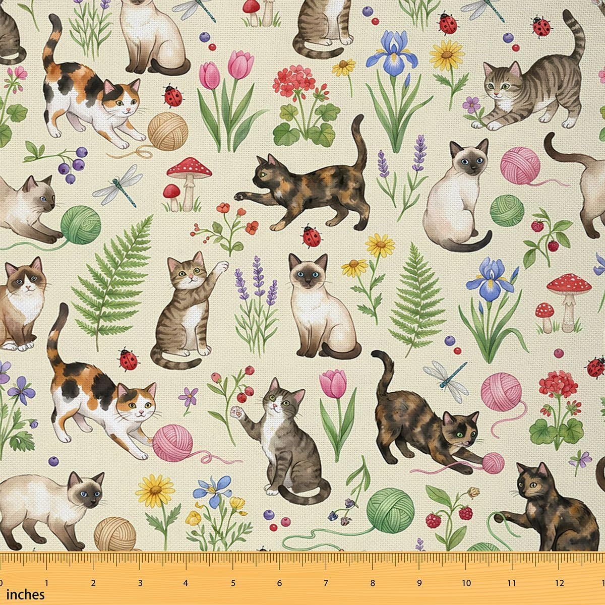 Cute Cat Fabric by The Yard,Watercolor Flower Leaves Soft Polyester Fabric for Sewing Lover,Kawaii Pet Animals No Stretch Fabric Crafting Supplies,Nature Botanical 5 Yard Bolt,180" L x 59" W