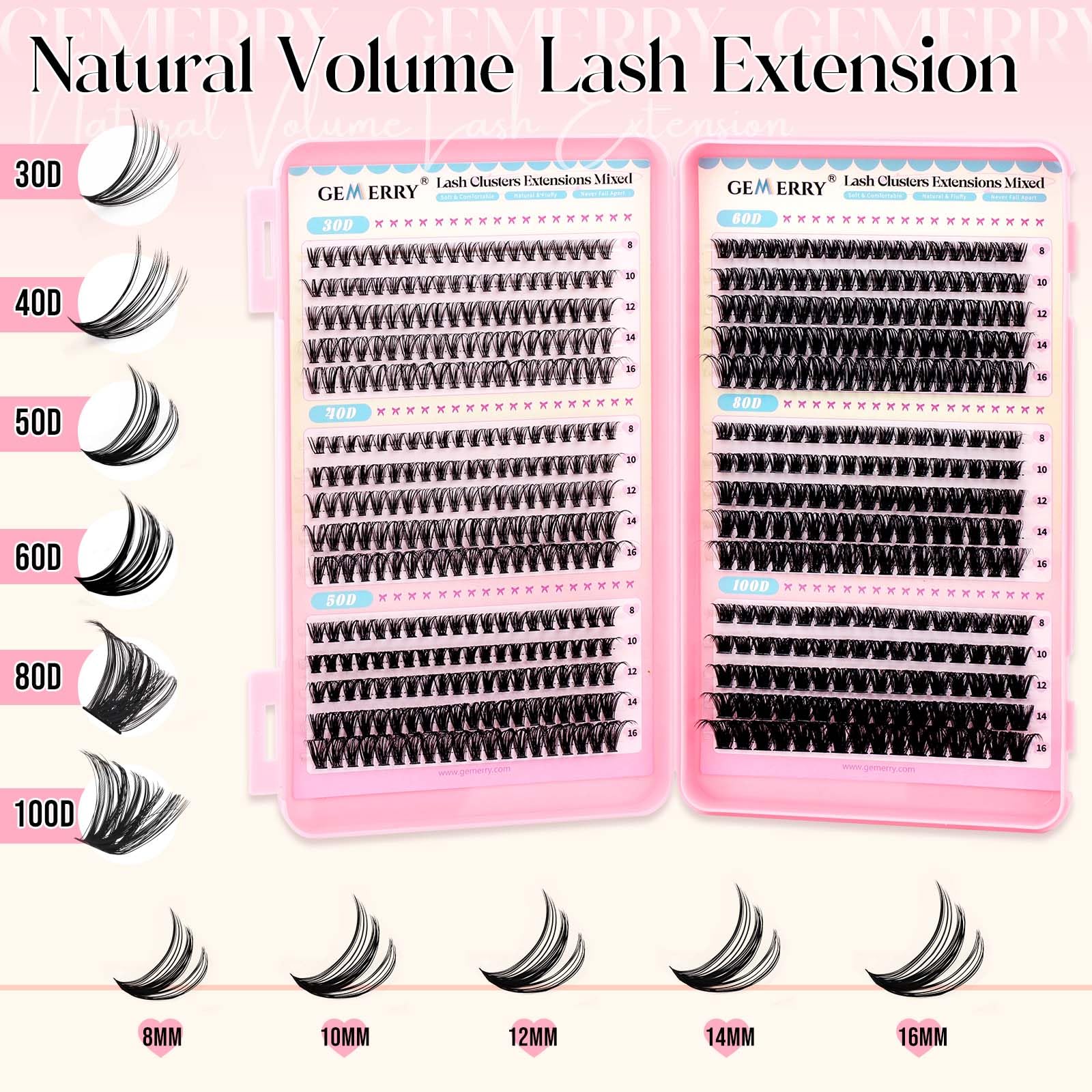 GEMERRY Pestañas Postizas 30D+40D+50D+60D+80D+100D D Curl 8-16mm Mix Pestañas Pelo a Pelo para Extensiones de Pestañas Cluster Lashes — view 2