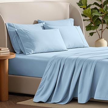 Bare Home Hotel Luxury Queen Sheet Set, Extra Soft - 6 Piece Set - Deep Pockets - Easy Fit - Cooling & Breathable - Wrinkle, Fade, Stain Resistant - Includes 4 Pillowcases (Queen, Light Blue)