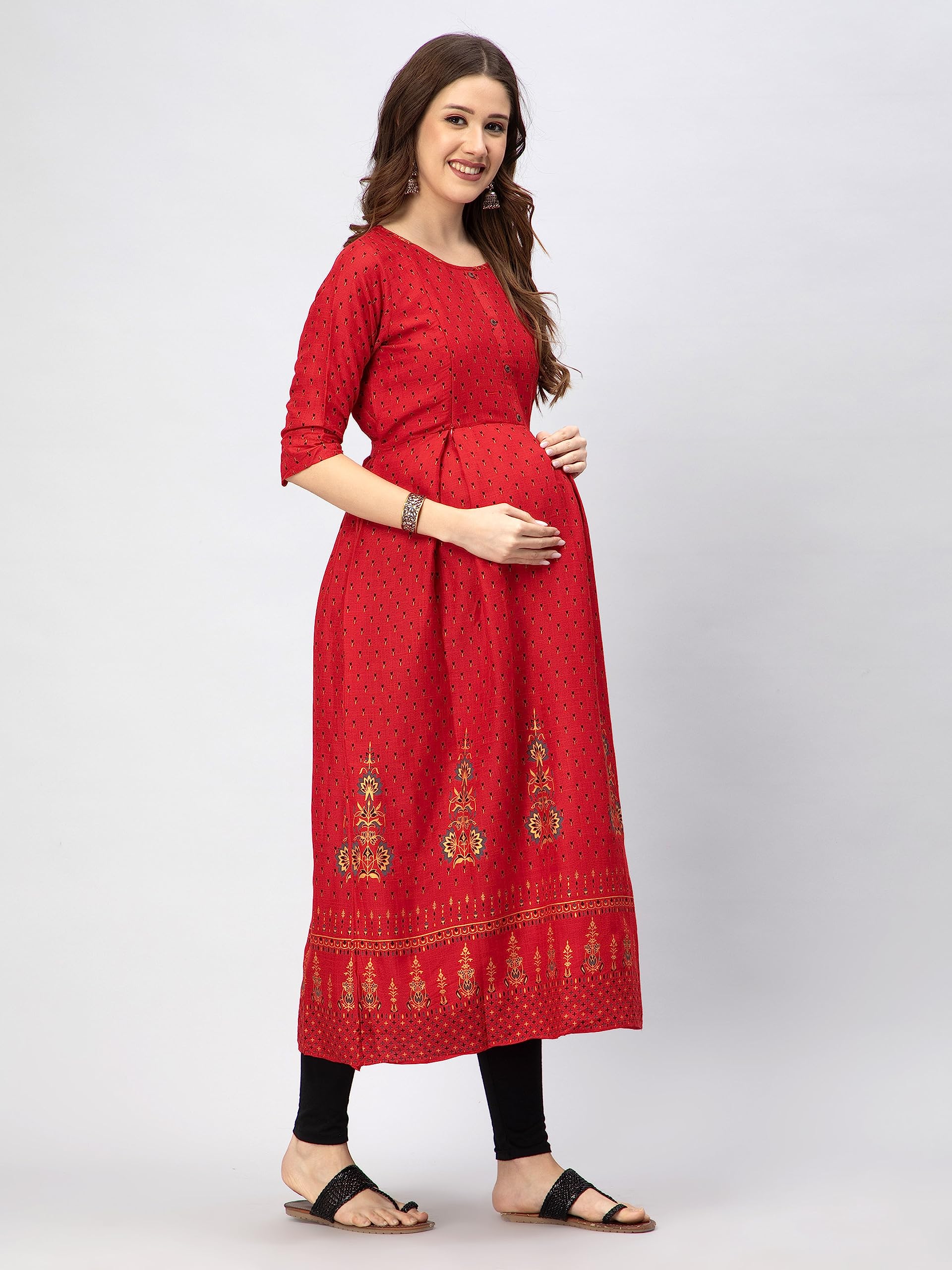 CEE 18 Women's Cotton Rayon Flaired Maternity Dress Feeding Kurti with Zippers(9894_42,Tomato Pink,XL) 1