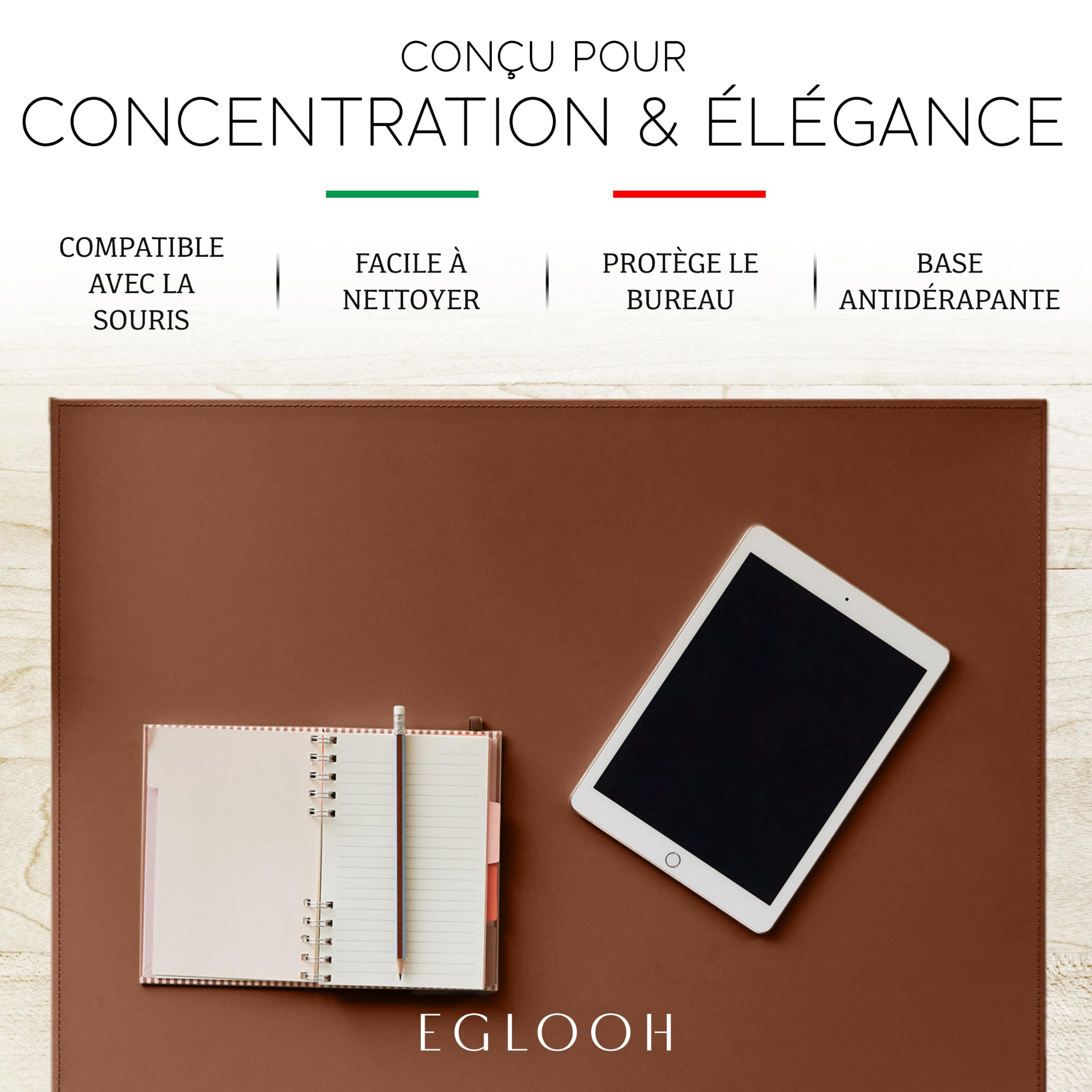 Eglooh - Calliope - Sous main bureau cuir avec Protège-rebord - Tapis de bureau XXL, Grand tapis de souris antidérapant - Accessoire bureau Fabriqué en Italie