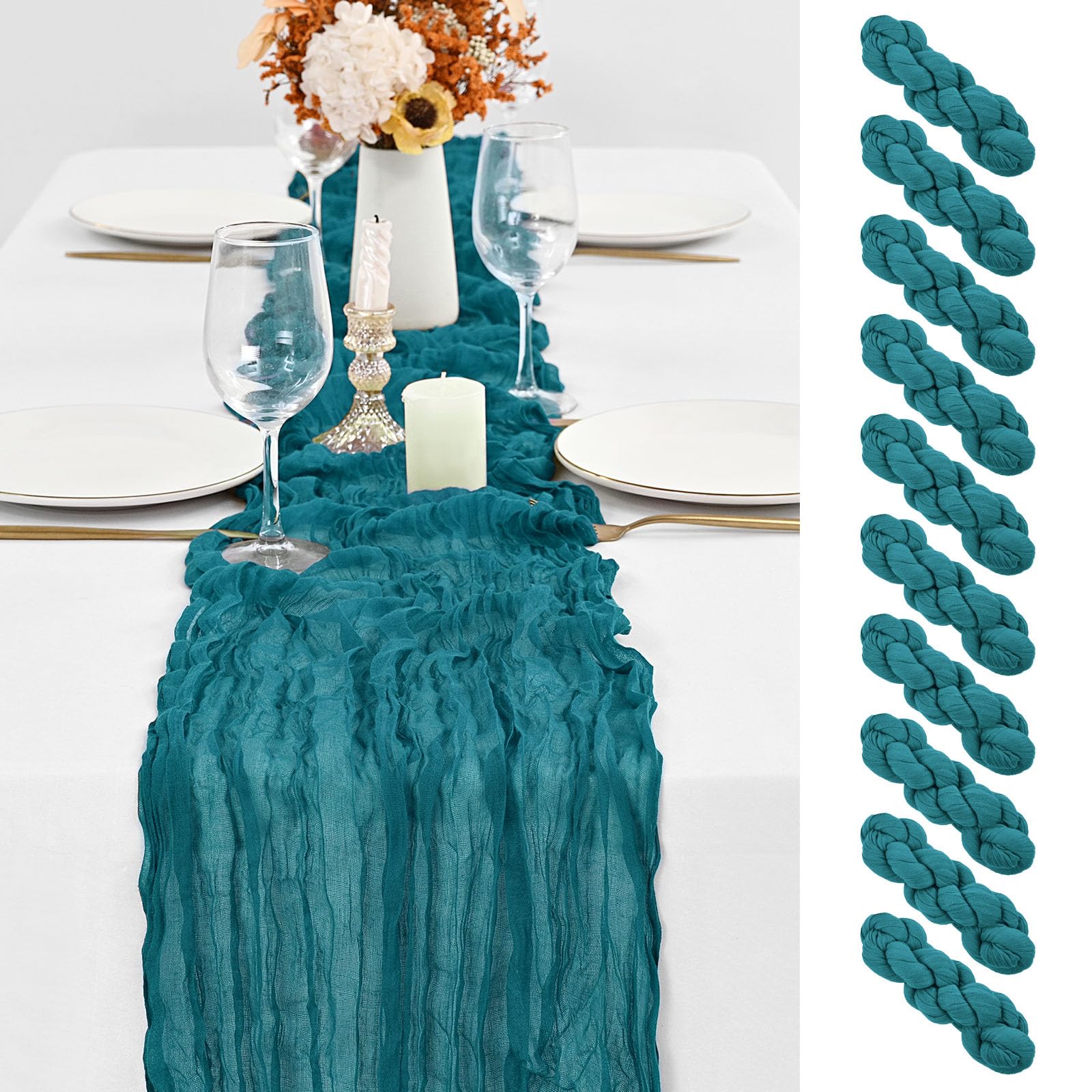 Photo 1 of 10 Pack Teal Table Runner 10Ft Cheesecloth Table Runner Boho Gauze Cheese Cloth Table Runners Romantic Turquoise Table Runners for Wedding Party Bridal Shower