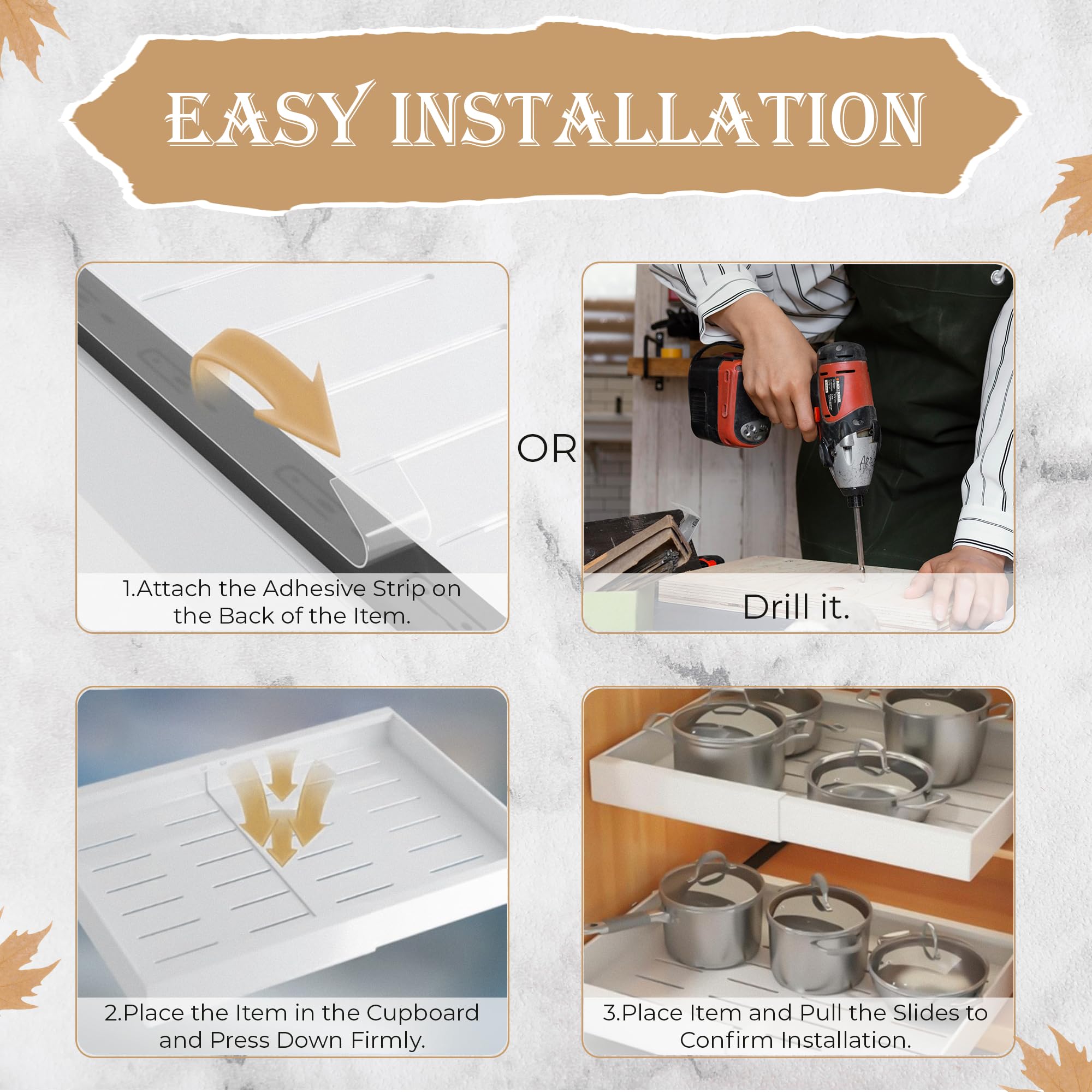 Pull Out Cabinet Organizer -Expandable – 12.56 x 18.89 Inch Pots And Pans Organizer Under Cabinet – Heavy Duty Carbon Steel Pull Out Drawers – Easy Installation No Screw Adjustable Cabinet Drawers