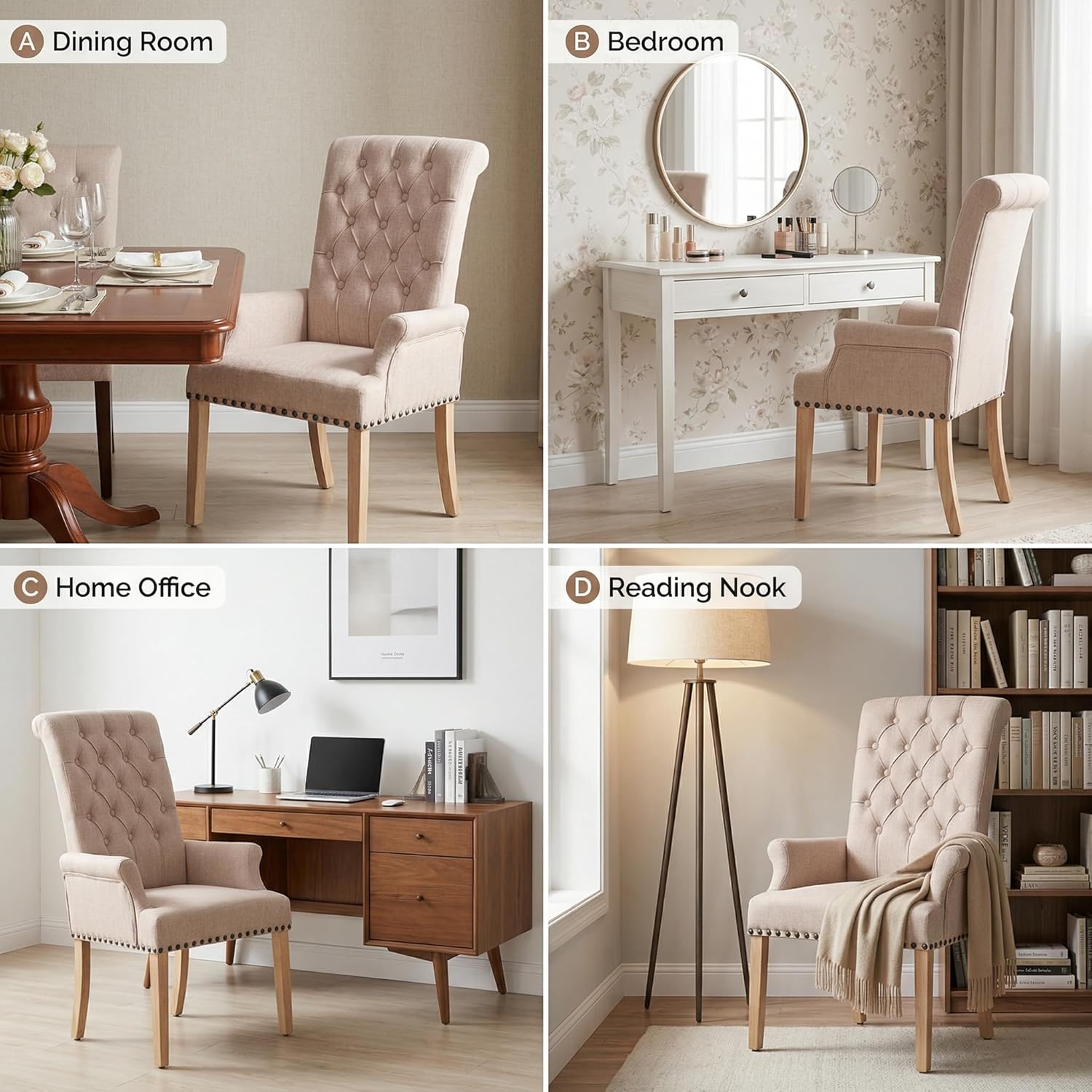 Modern Upholstered Fabric Dining Chairs Set of 2, Accent Chairs with Arms, Tufted High Back and Nailhead Trim Solid Wood Legs for Kitchen Dining & Living Room, Ivory Brown