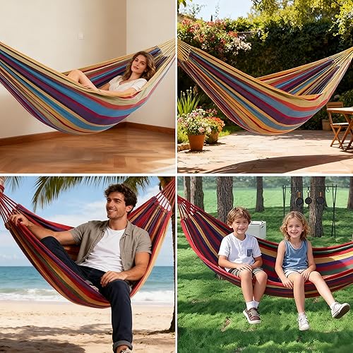 Miniatura 7 de Paquete de 2 hamacas  Hamaca de camping  Juego de hamaca portátil al aire libre  para senderismo, mochilero y camping  2 piezas (rayas rojas y rayas