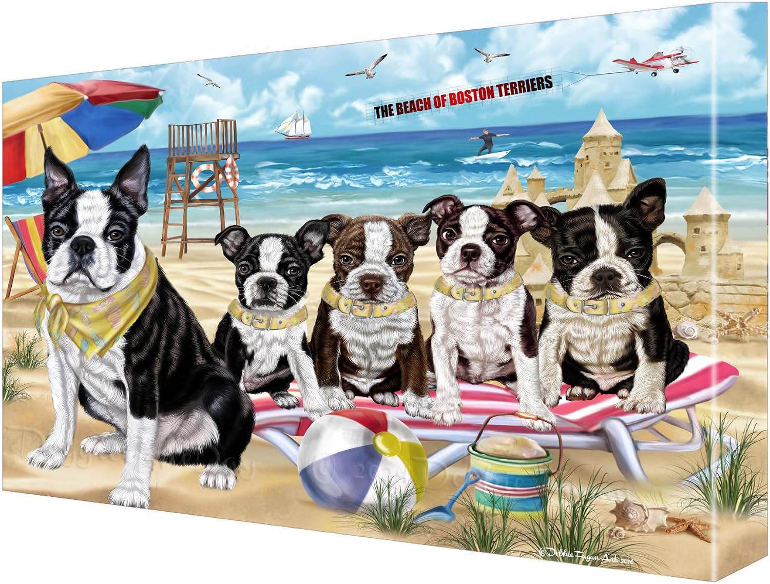 Doggie of the Day Pet Beach Family with Boston Terrier Dogs Canvas Wall Art - Premium Quality Ready to Hang Room Decor - 1.5" Thick Canvas Wrap 16" x 24"