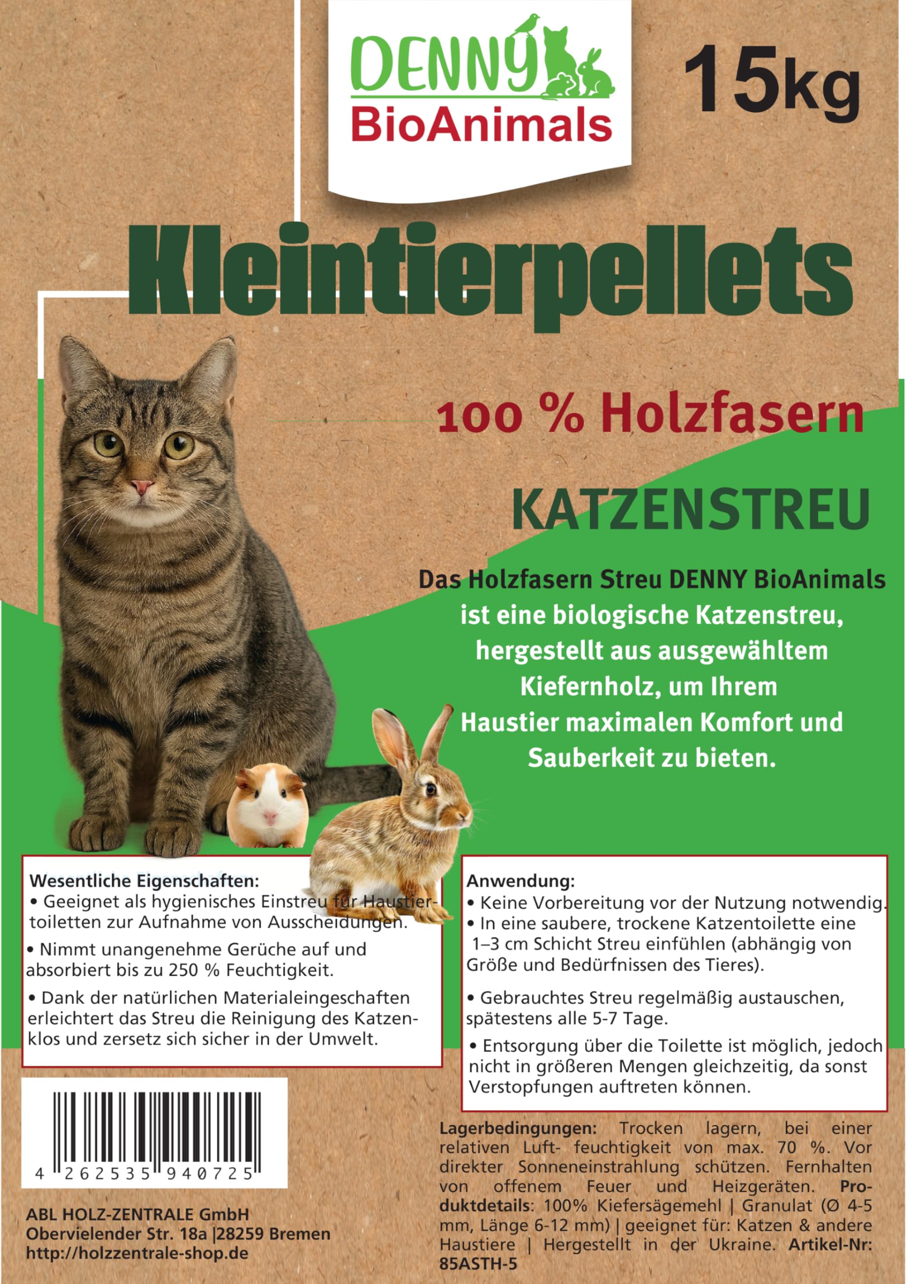 Kleintierstreu, Katzenstreu Holzpellets 30 kg (46 L) – 100% natürliche Einstreu für Katzen, Kaninchen, Hamster & Meerschweinchen – Staubfrei, Saugstark, Geruchsbindend, Kiefernholz