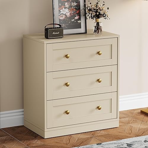 Miniatura 14 de RoyalCraft Cómoda Moderna de 3 Cajones, Mesita de Noche Blanca y Dorada para Dormitorio, Pequeña Cómoda de Cajones, Mesa Auxiliar con