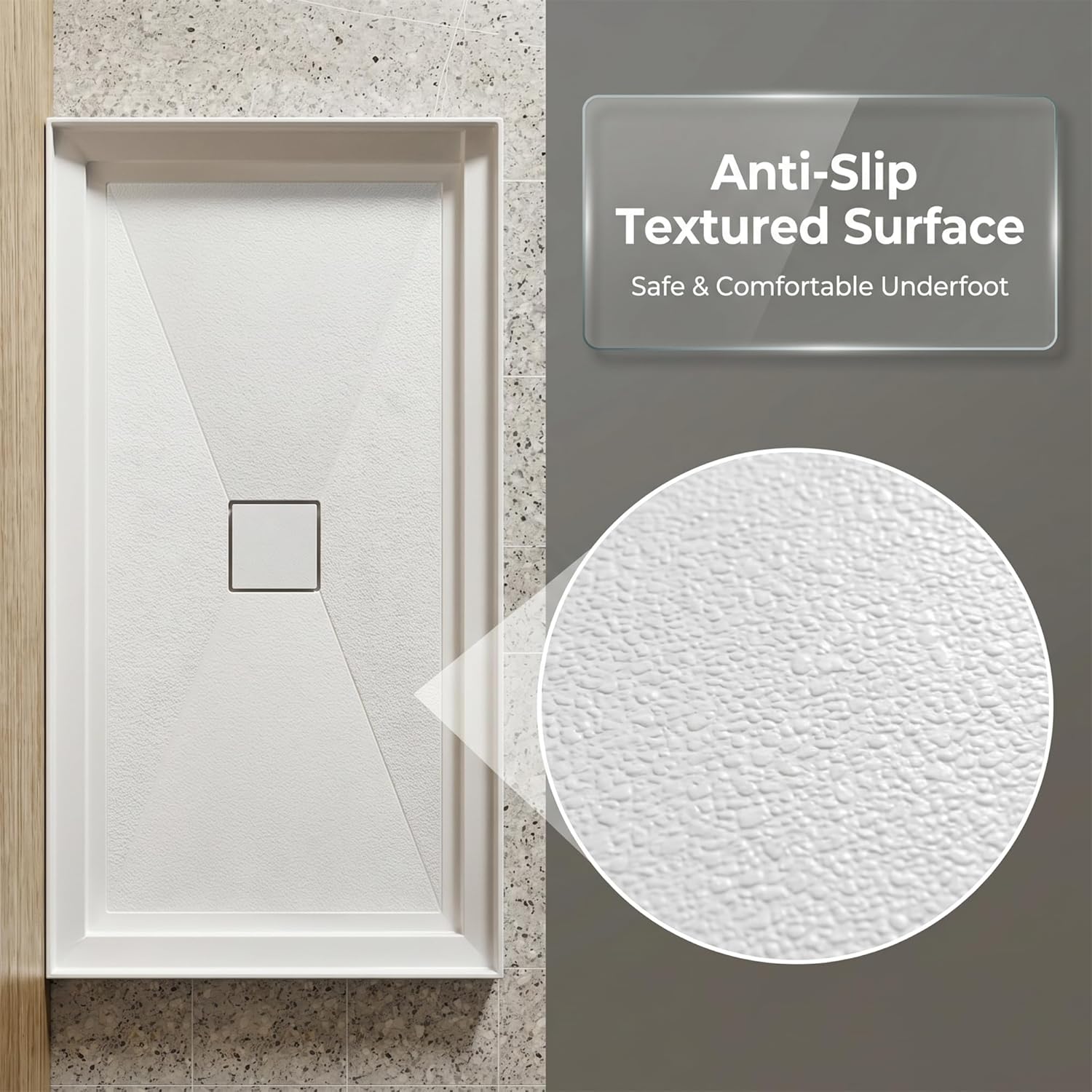 60x32 Inch White Acrylic Shower Base, Center Drain, Non-Slip Textured Surface, Single-Threshold Design for 3-Wall Alcove Installation, Fiberglass Reinforced, Easy Cleaning & Anti-Yellowing