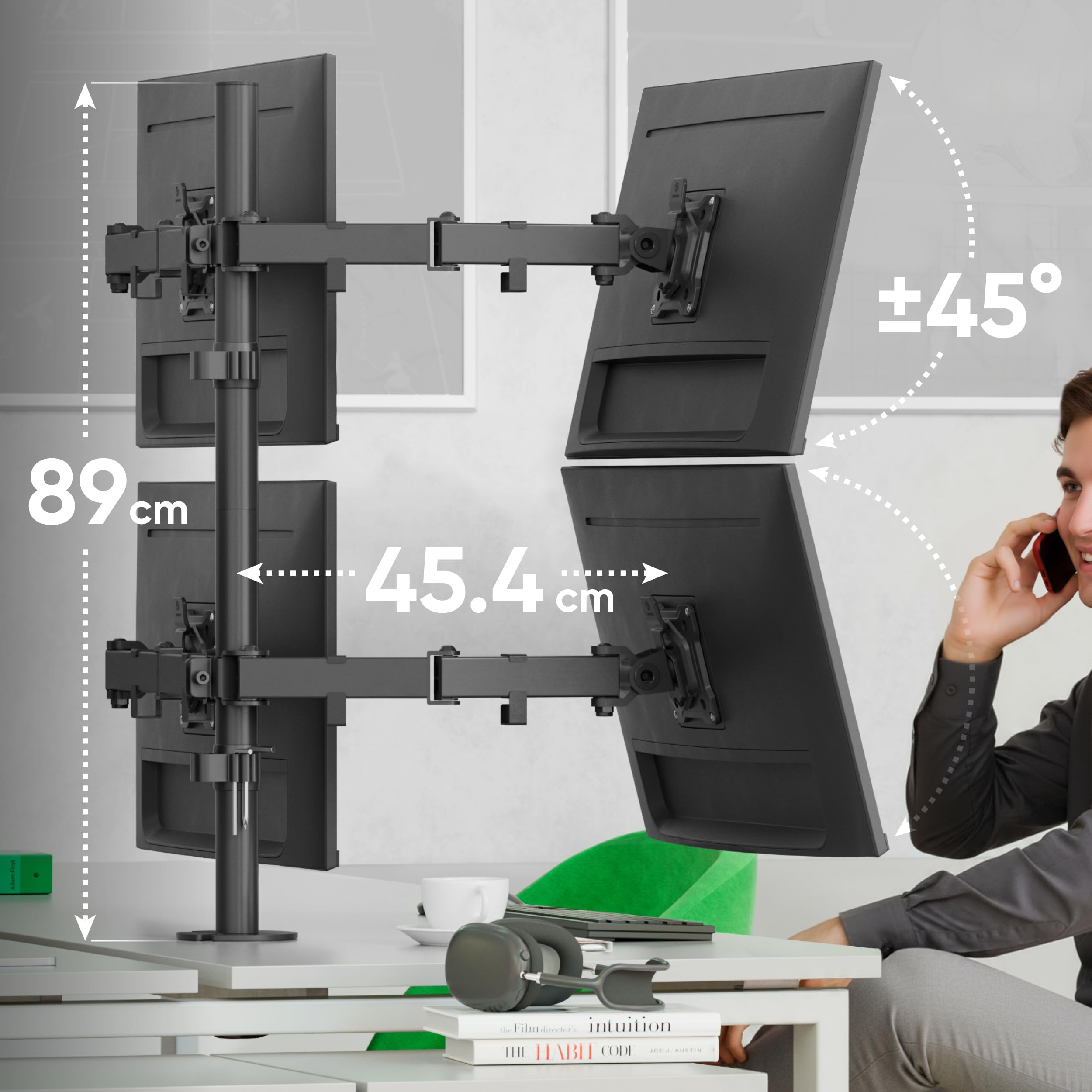 ONKRON 4-Fach Monitorhalterung 13-32", 8 kg (x4), max VESA 100x100, D421E-B | Monitorarm für 4 Bildschirme, bis 87 cm höhenverstellbar, schwenkbar, drehbar, Klemm-/Bohrmontage; für Büro & Multitasking