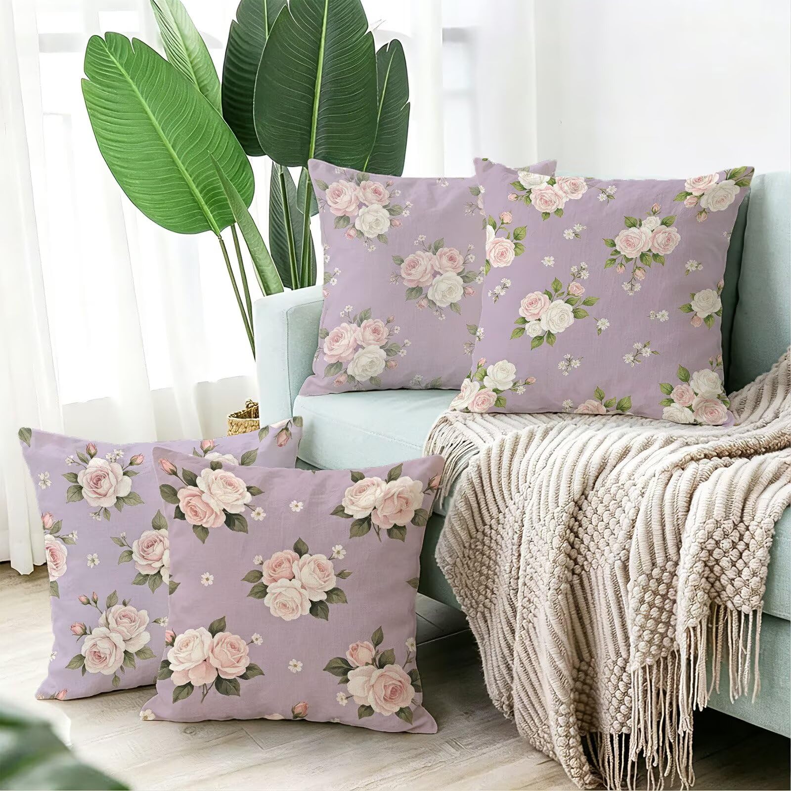Viola Federe Cuscini Divano 50x50cm, Cuscini da Esterno Set de 4, Cod-30 | Velour Copricuscini Decorativi Letto Arredo, per Letto, Soggiorno, Giardino, Esterno, Casa Decorazione Set di 4 Fiore