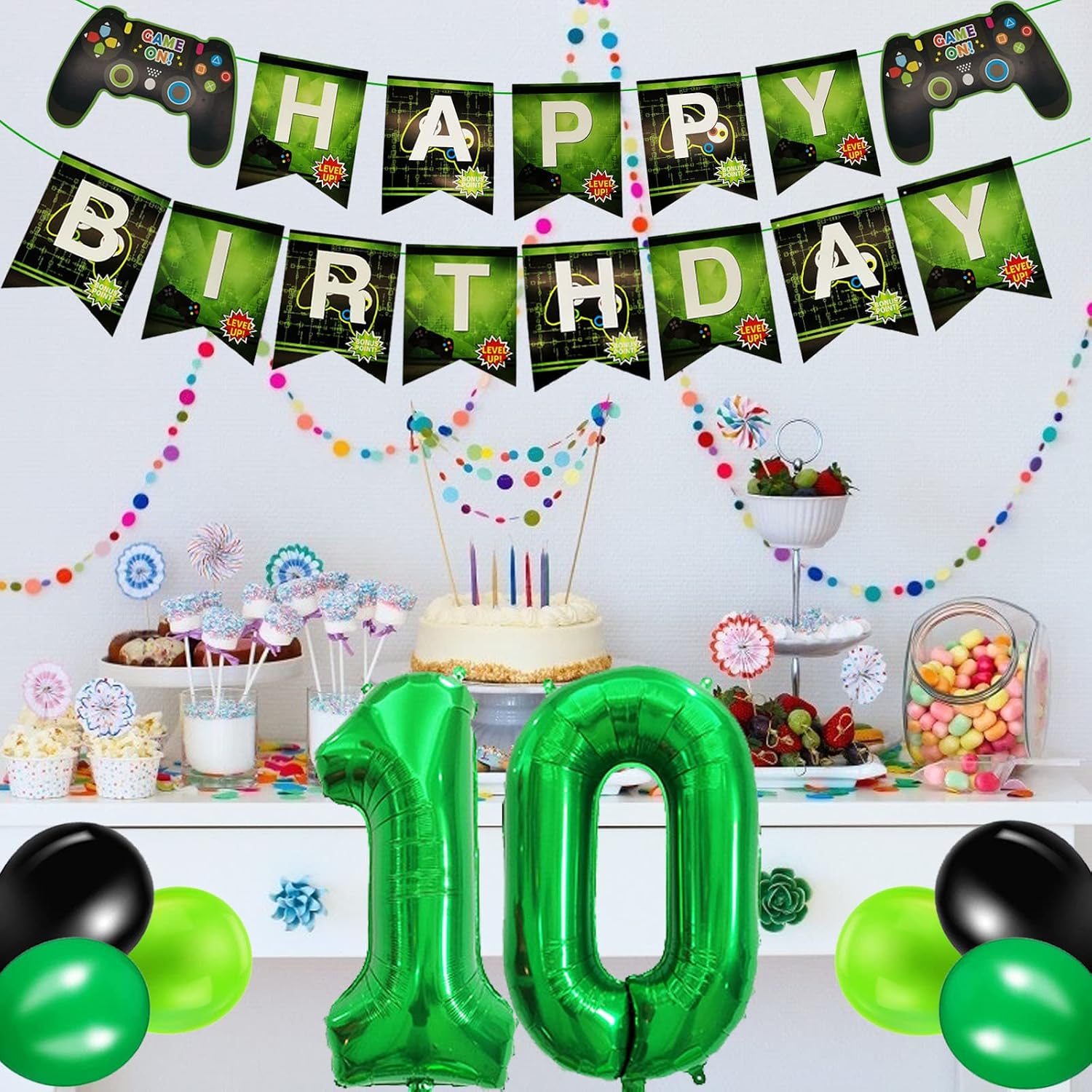 10th Birthday Decorations for Boys Gaming Party Decorations Set for Gamers Happy Birthday Banner Game Controller Balloons Black Green Balloons for Kids Teenagers Party Supplies - Image 5