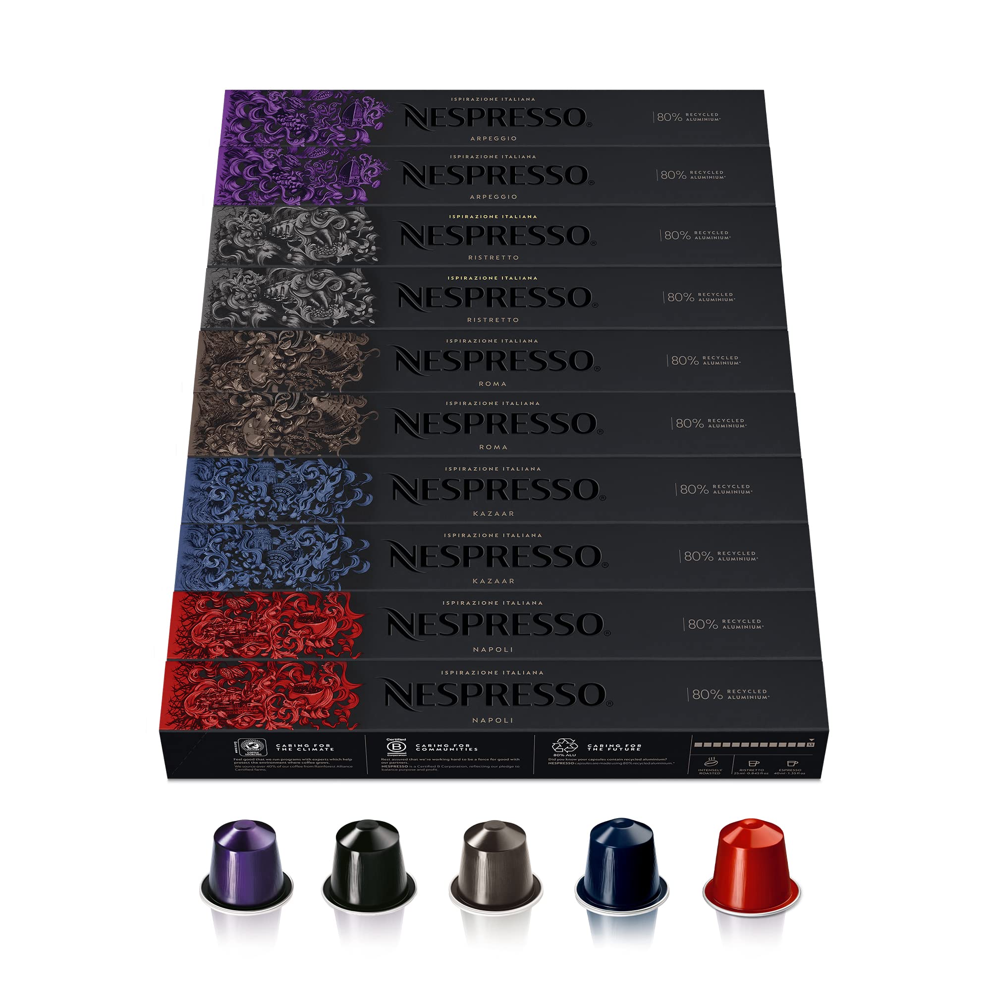 Nespresso Original Selección de Cafés Intensos, 100 Cápsulas (20 Ristretto, 20 Arpeggio, 20 Roma, 20 Kazaar y 20 Napoli) para Máquina de Café, Cafetera, Tueste Intenso