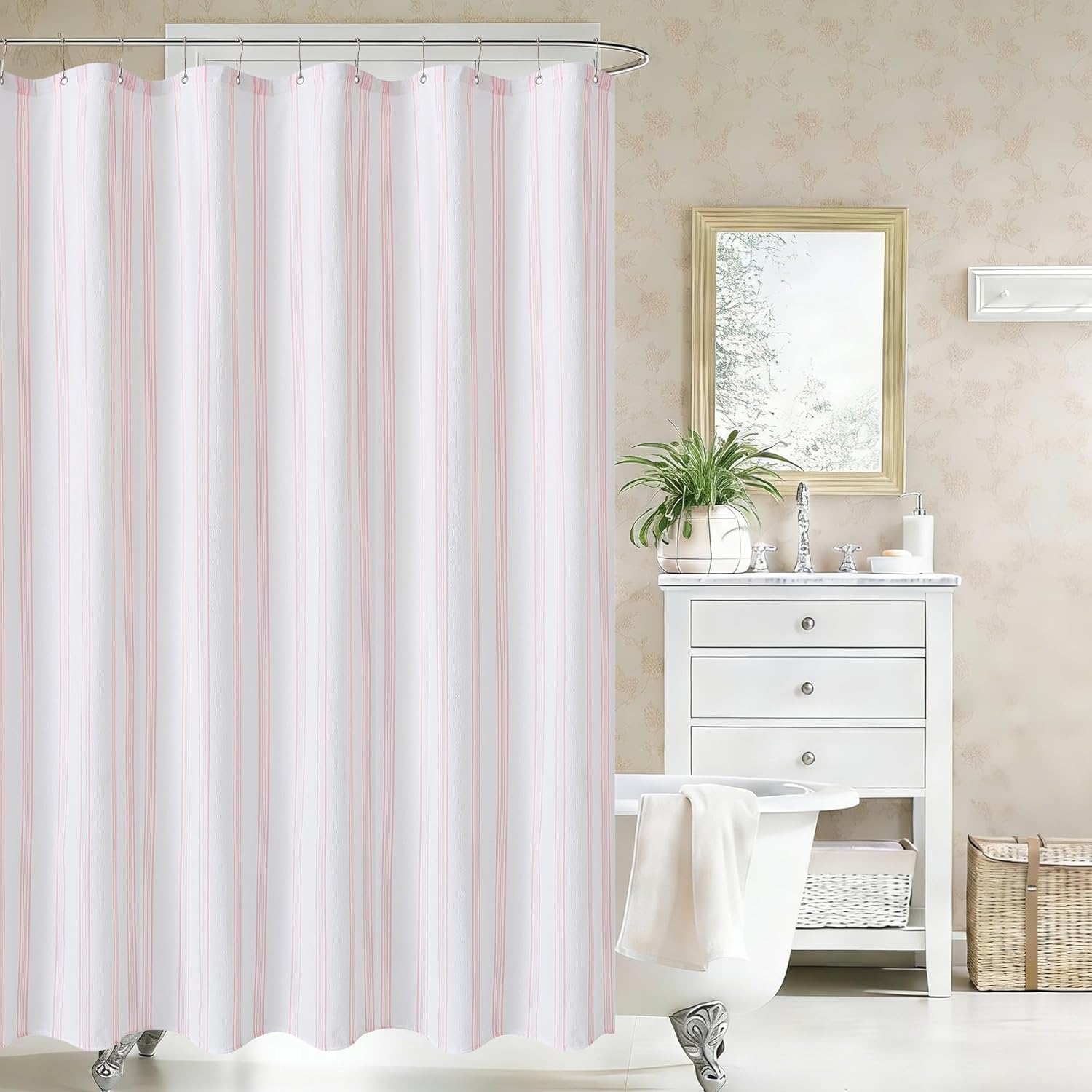 ORTIGIA Pink and White Striped Shower Curtain with 12 Metal Hooks, Crinkled Lightweight Textured Fabric Modern Farmhouse Minimalist Bathroom Curtain 72x72 Inch