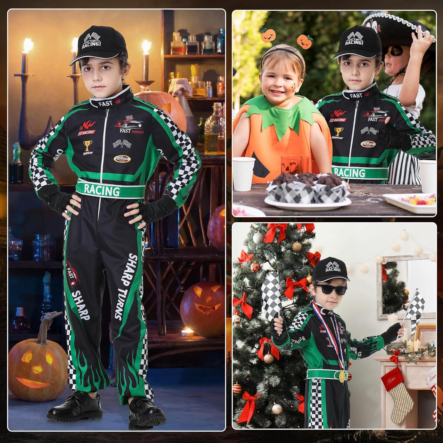 5PCS Race Car Driver Costume Boys F1 Racing Suit Kids Jumpsuit Set with Cap Glasses Gloves for Halloween