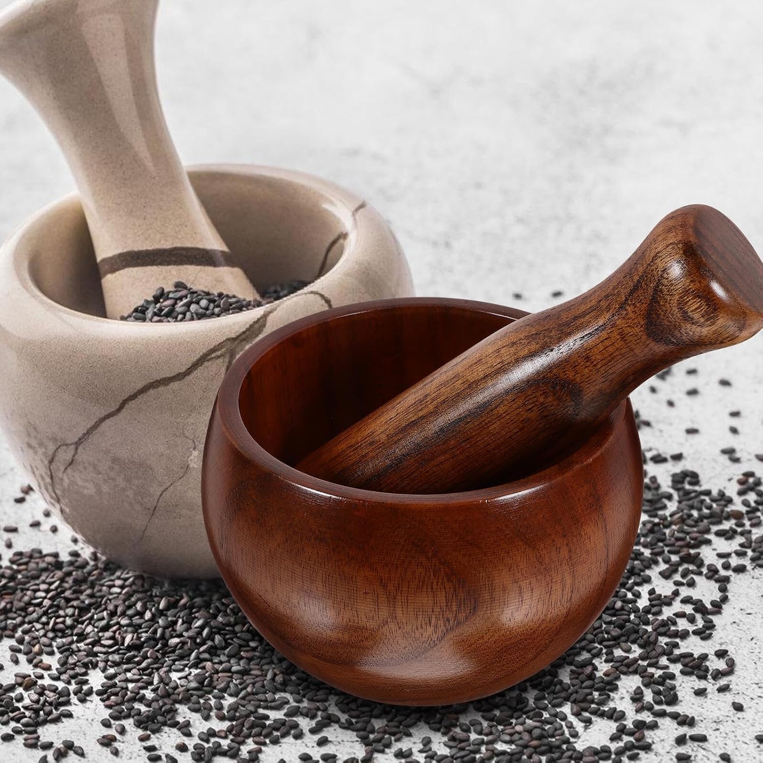 Wood Mortar Pestle Set Food-Safe Wooden Grinding Bowl with Pestle for Salsa Avocado Herbs and Spices Easy to Clean Kitchen Tool for Everyday Use