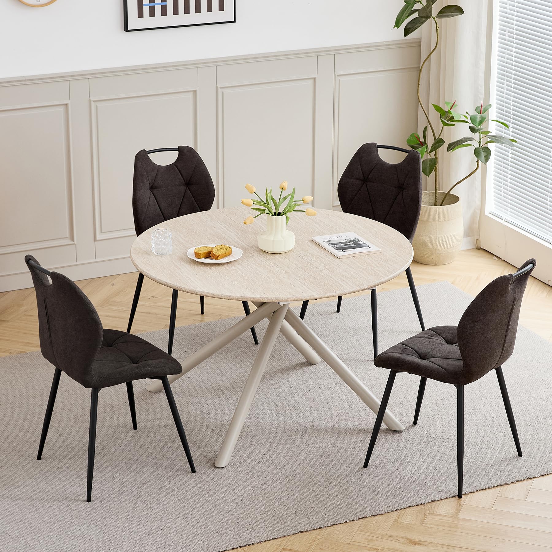 Mesa de comedor redonda de 115 cm y 4 sillas de lino con pestaña de piel confort