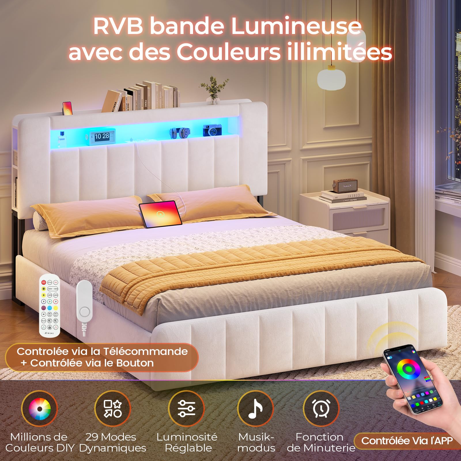 AOGLLATI Lit 140x190 à LED avec Multiprise et 4 Grands Tiroirs, Cadre de Lit avec Sommier à Latte et Tête de Lit Capitonnée Sommier avec Rangement, Moderne sans Matelas (Velours Beige, 140x190cm)
