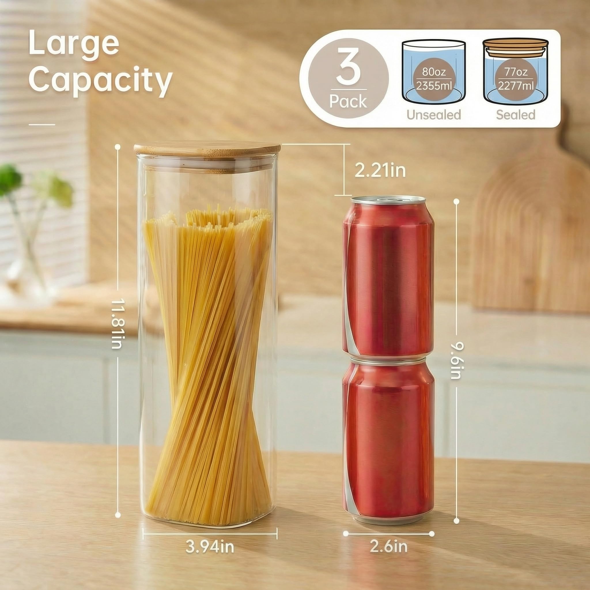 Set 3 Contenitori In Vetro Per Dispensa 2,1L Ciascuno – Coperchi Ermetici, Quadrati, Impilabili, Lavabili In Lavastoviglie - 2