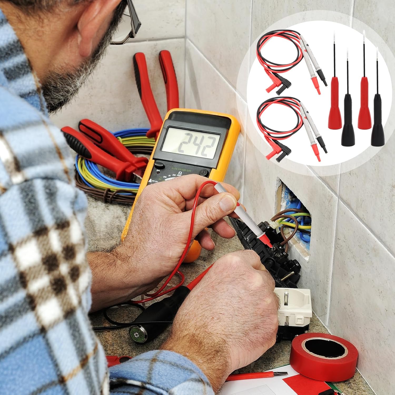 4 Pcs 1mm Extended Multimeter Probes and 4 Pcs Professional Multimeter Leads Set, High Precision Meter Leads, 600V10A Nickel-Plated Copper Non-Destructive Test Probe