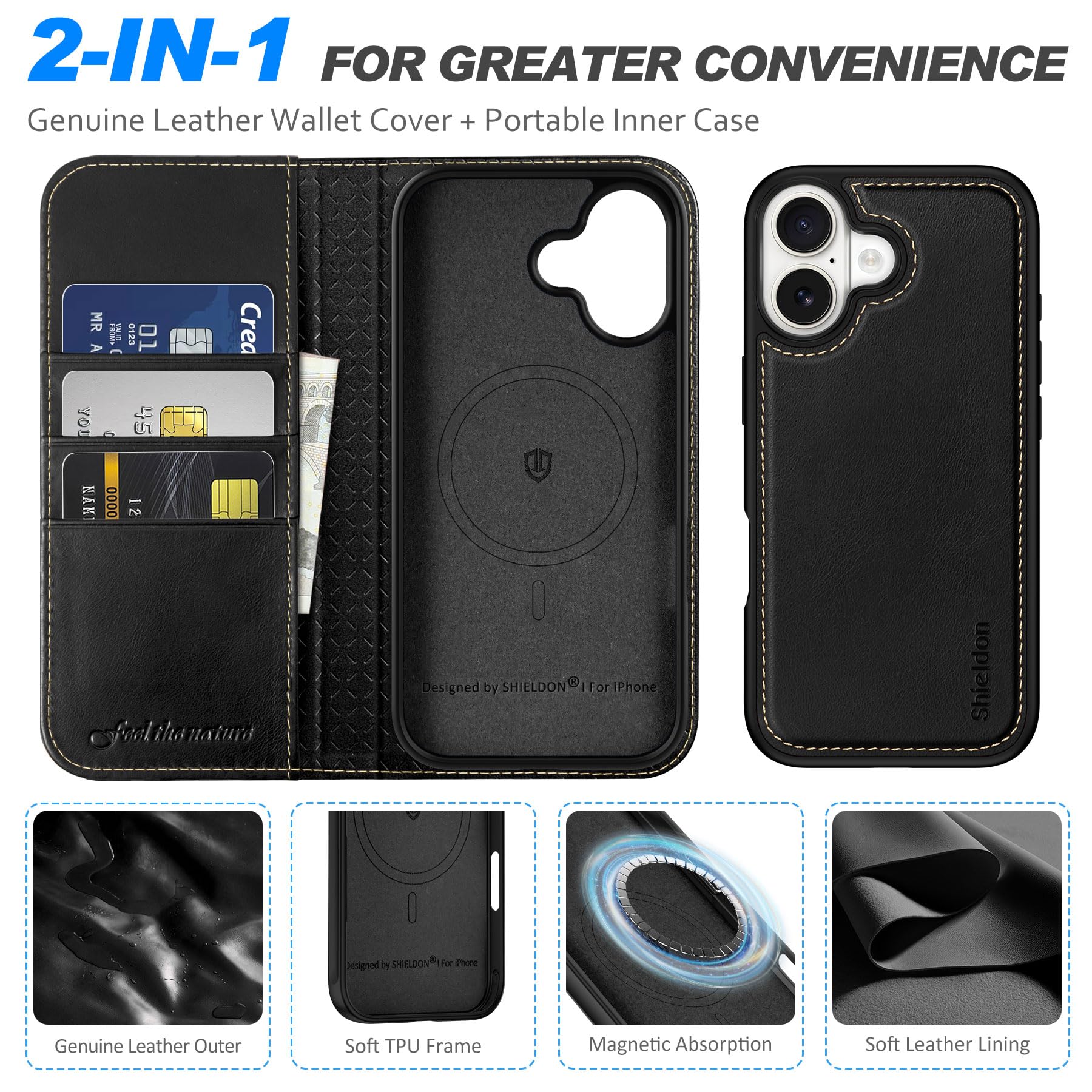 SHIELDON Hülle für iPhone 16 Pro, 2 IN 1 Case Ledertasche Kompatibel mit iPhone 16 Pro 6,3
