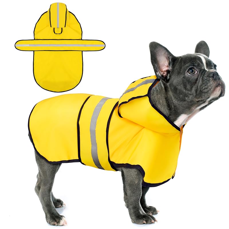 Capa de chuva impermeável para cães com capuz e faixas refletivas Paiaite Amarela M 4,08–7,26 kg