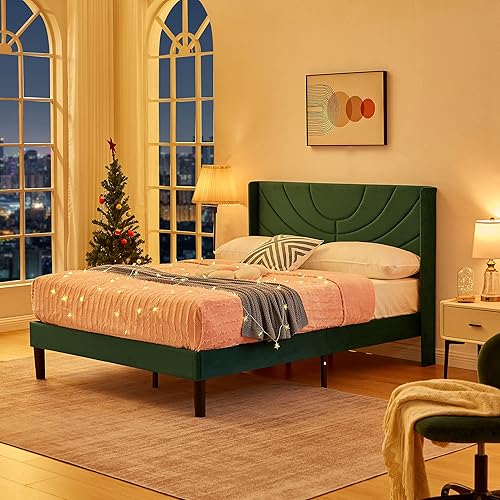 Miniatura 6 de VECELO Base de cama tapizada tamaño Queen con cabecera de tela ajustable, soporte de listones de madera, no necesita somier, base de colchón, fácil