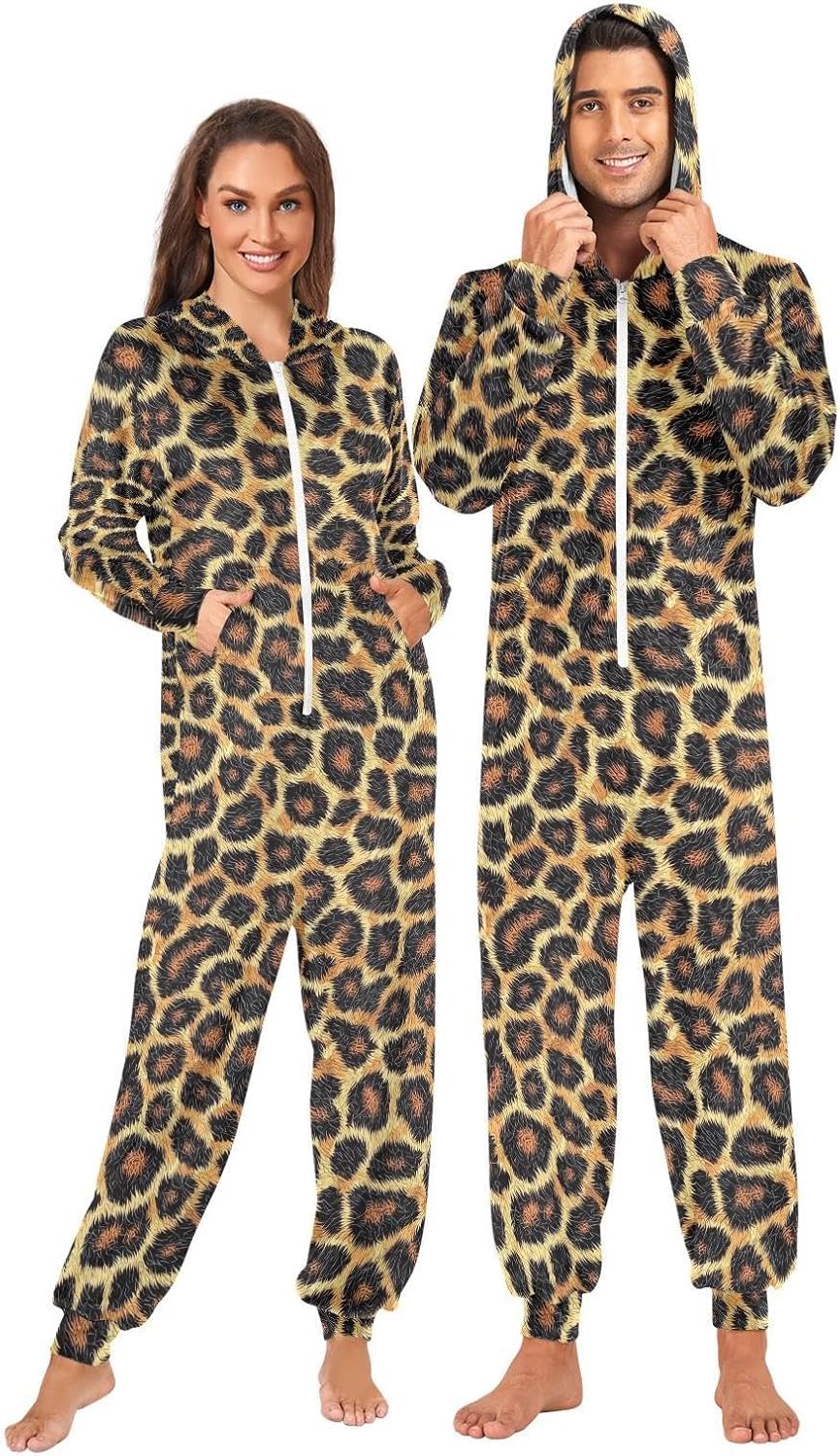 ZZKKO Leopard Print Adult Onesie Pajamas for Women Men Cozy One Piece Pajamas Costume Zip-Up Hooded S-XL