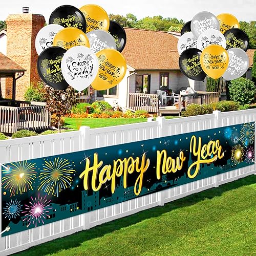 Miniatura 7 de HOWAF Cartel de feliz año nuevo con globos, pancarta de valla de feliz año nuevo con globos de látex de Año Nuevo para decoraciones de Año Nuevo