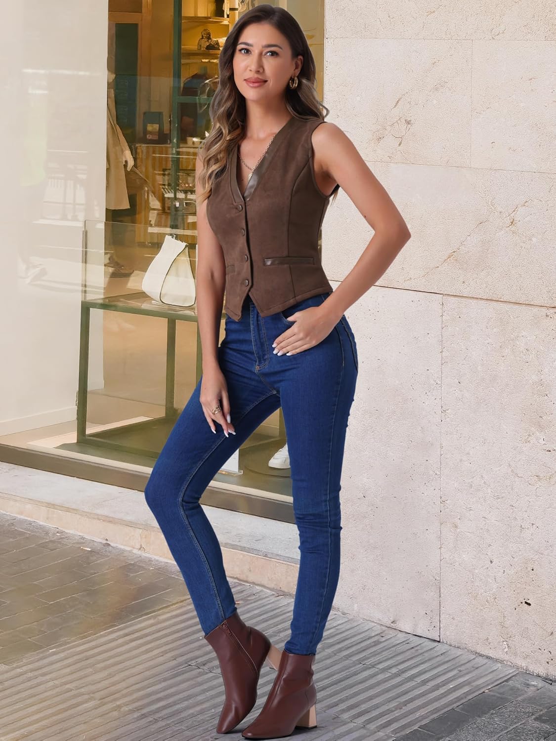 Allegra K Vintage Suit Waistcoat for Women's V Neck Faux Suede Button Down Sleeveless Jacket Vest