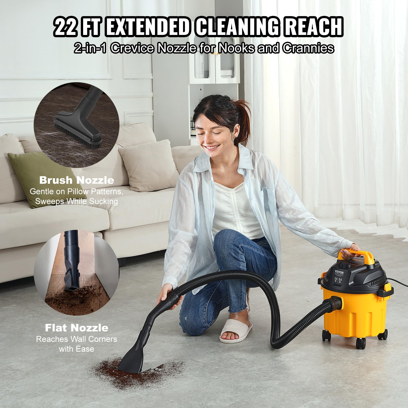 VEVOR Aspiradora en Seco y Húmedo 10 L Aspiradora Portátil Liviana para Taller en Seco y Húmedo 2,5 HP Soplado Eficiente con Boquilla, Ruedas, para Alfombras, Escombros, Pelo de Mascotas, Amarillo