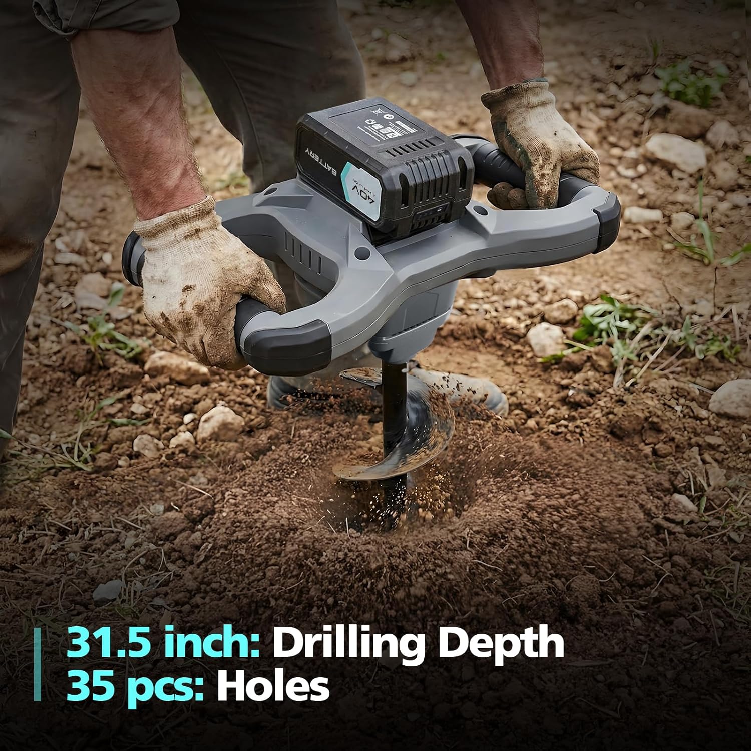 BLUEMARS Earth Auger, 40V Brushless Cordless Post Hole Digger with 6" Drill Bit, 2.5AH Battery & 4A Charger, LED Work Light, for Fence Post, Planting, Gardening & Landscaping