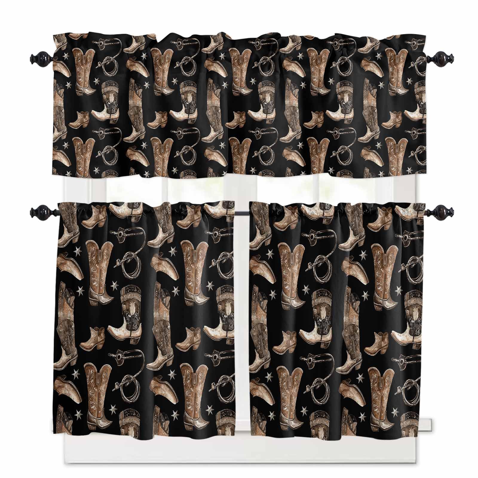 Brown Black Cowboy Kitchen Curtains 24 Inch Length, 3 Piece Rod Pocket Small Half Tiers and Valance Set, Country Western Vintage Small Large Window Treatment Decor for Bedroom/Bathroom Sink