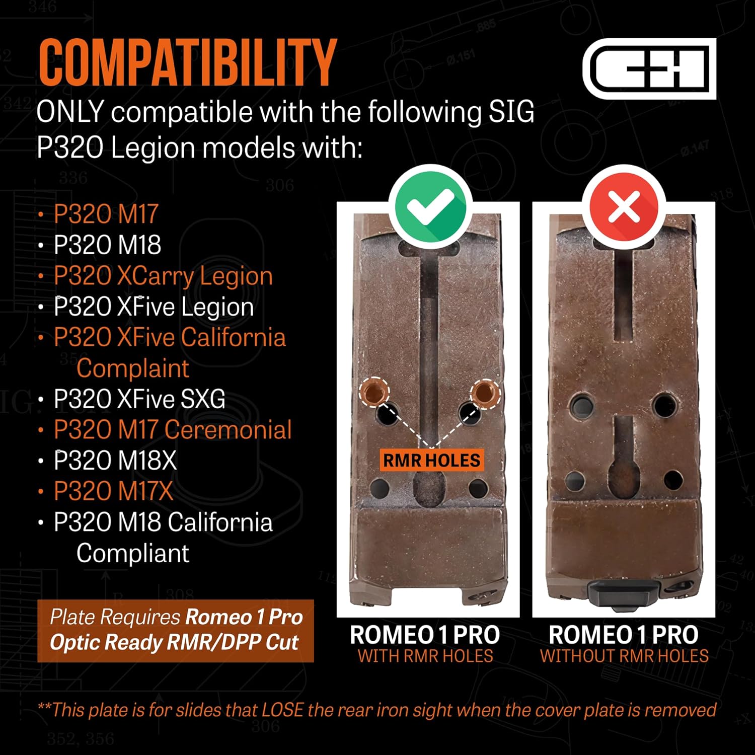 C+H Precision Optics Adapter Plate with 10-8 Rear Sight for SIG P320 Legion (X-Five/M17/M18) with Romeo 1 Pro Optic Ready Cut and Trijicon RMR/SRO, Holosun 407C/507C/508C/508T