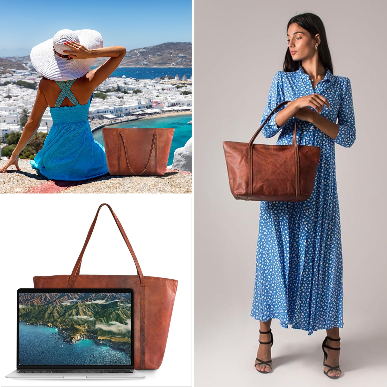 LEABAGS Bolso de Mano Mujer | Shopper de Cuero Genuino Premium | Bolsa de Negocios para Portátil de hasta 16" | Bolsa de Transporte para Trabajo, Universidad, Escuela, Tiempo Libre o Compras | Marrón
