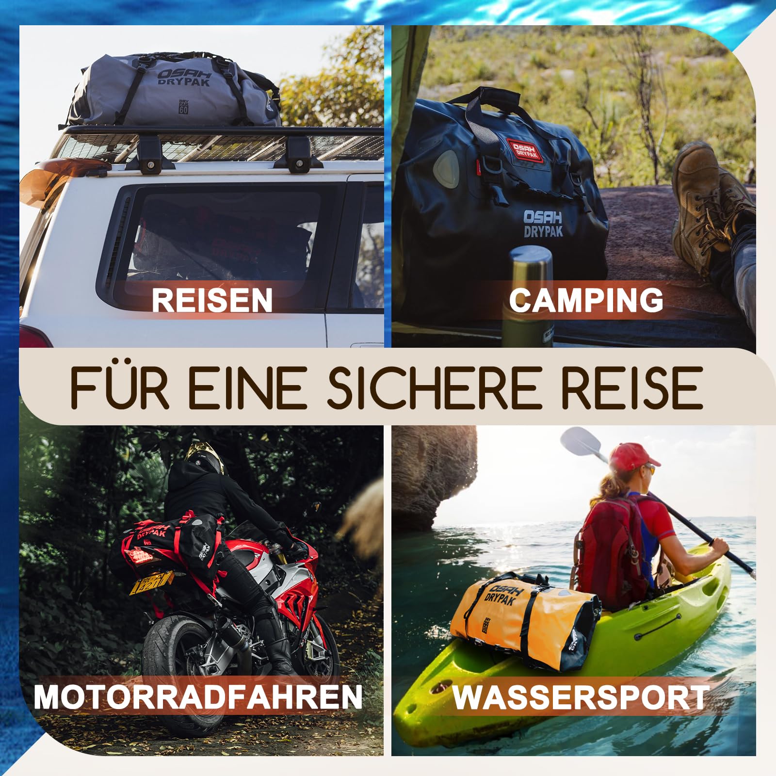 OSAH DRYPAK wasserdichte Rucksack Dry Bag – Wasserfeste Reisetasche Seesack, Rolltop, Großem Stauraum, Vielseitige wasserdichte Tasche für Camping, Motorrad, Bootfahren, Kajak, SUP, Strand und Angeln