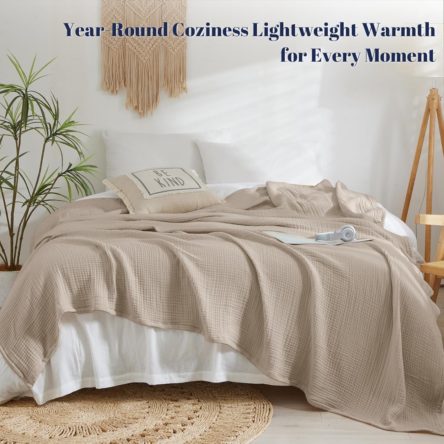 PHF 100% Cotton Muslin Blanket King Size 108"x90", 4-Layer Lightweight Gauze Throw, Breathable Cloud-Soft Minimalist Blanket for Bed, Couch, Camping & Baby, Taupe, Ideal Gift - Image 5