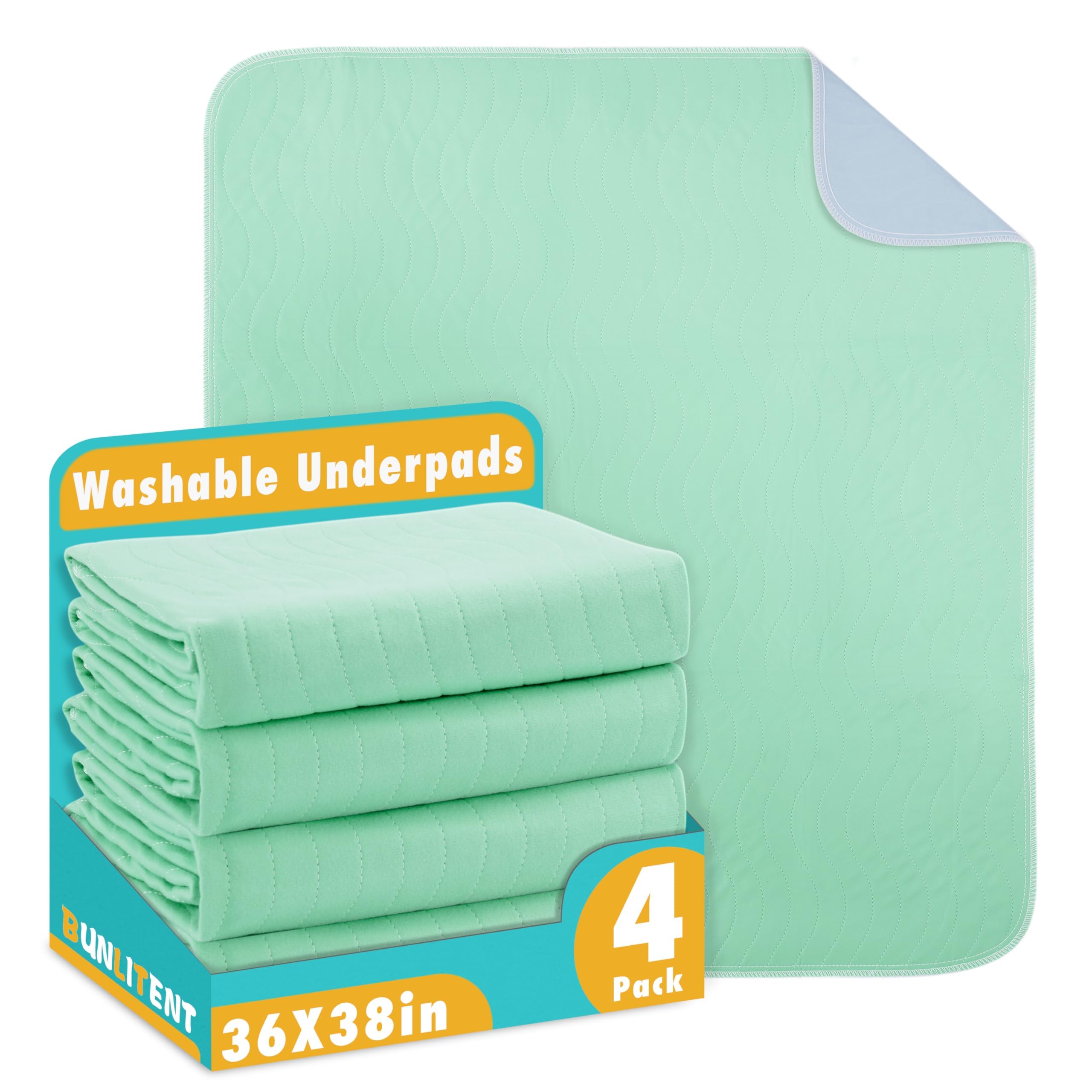 Bunlitent Washable Underpads, 36" x 38", 4 Pack, Green, Heavy Absorbency Reusable Bedwetting Incontinence Pads for Kids, Adults, Elderly, and Pets