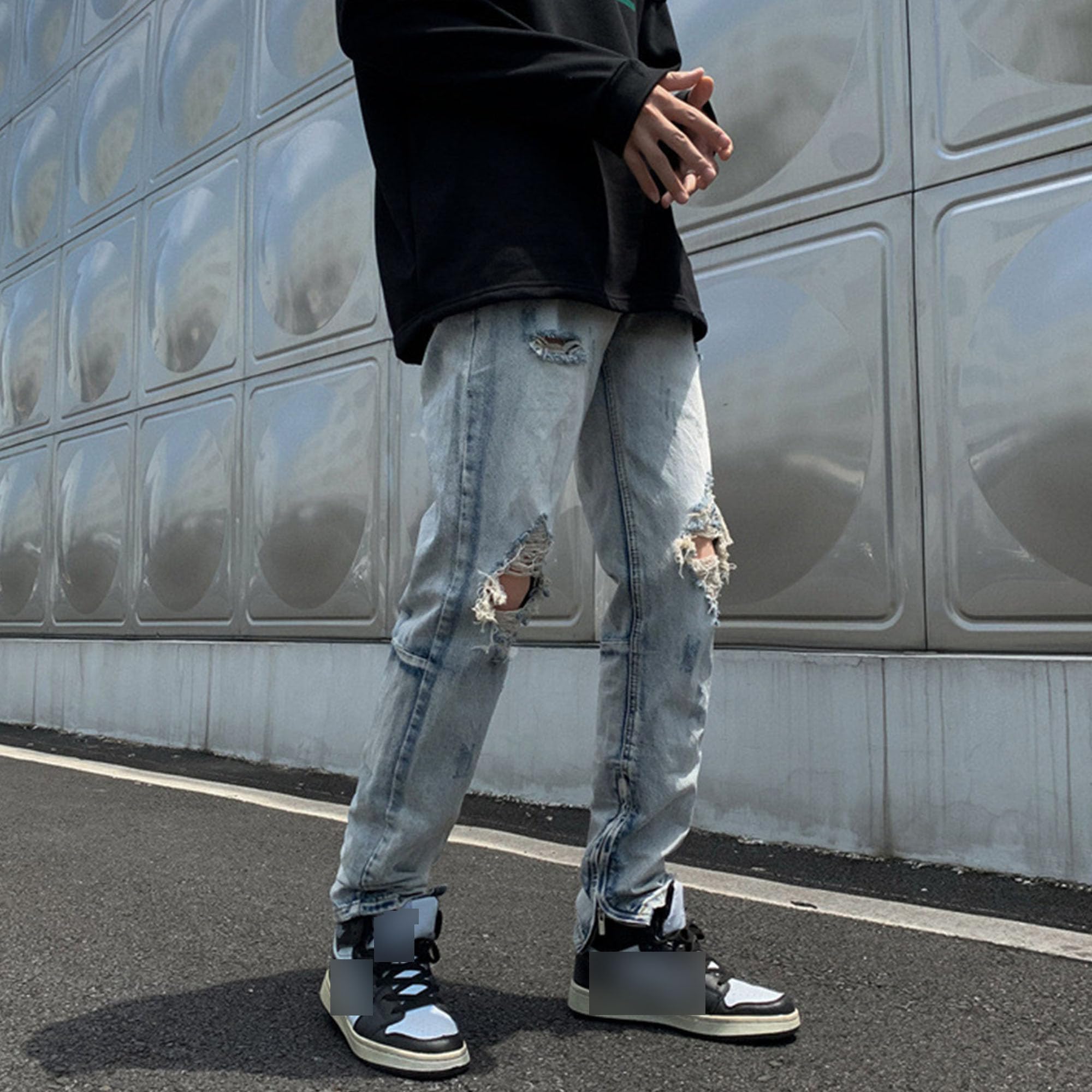 Men's Baggy Ripped Distressed Jean Straight Leg Distressed Comfort Flex Waist Pants Regular Zipper Jeans for Men (Blue,Small)