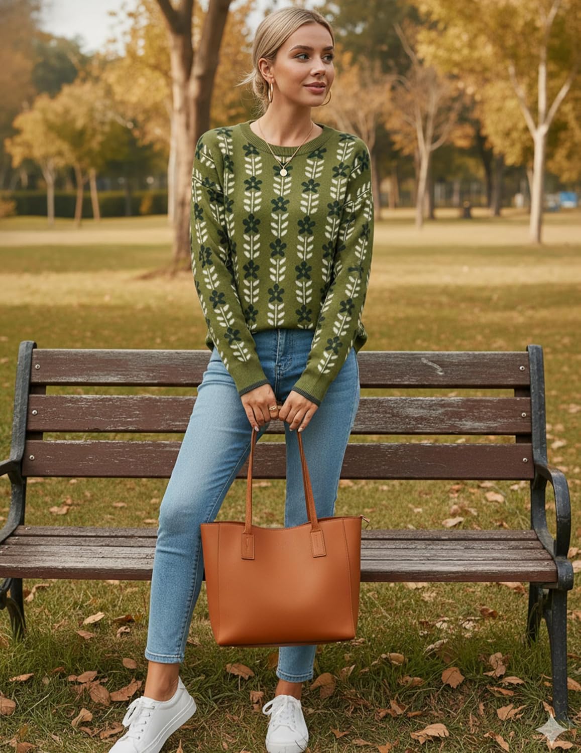 Womens 2026 Trendy Green Knit Floral Sweaters Printed Crewneck Cute Loose Pullover Sweater for Spring Winter - Image 4