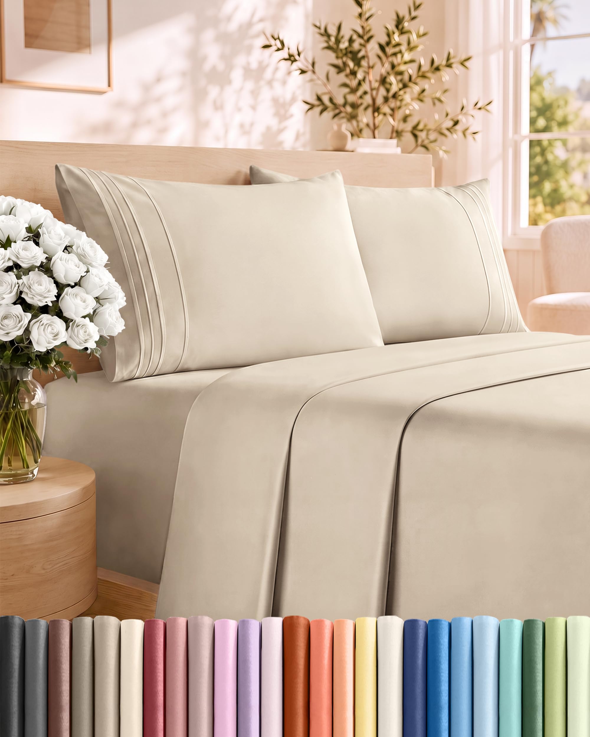 Queen Size 4 Piece Sheet Set - Comfy Breathable & Cooling Sheets - Wheat