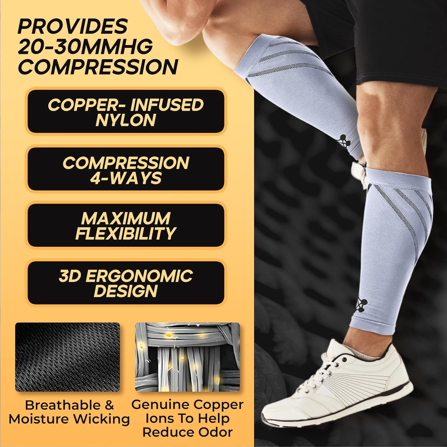 CopperJoint Calf Compression Sleeve for Men & Women Medium Grey-Firm Snug Fit Support for Shin Splints, Cramps, Varicose Veins-Copper Infused Nylon Pull-On Leg Sleeve for Sports & Daily Wear