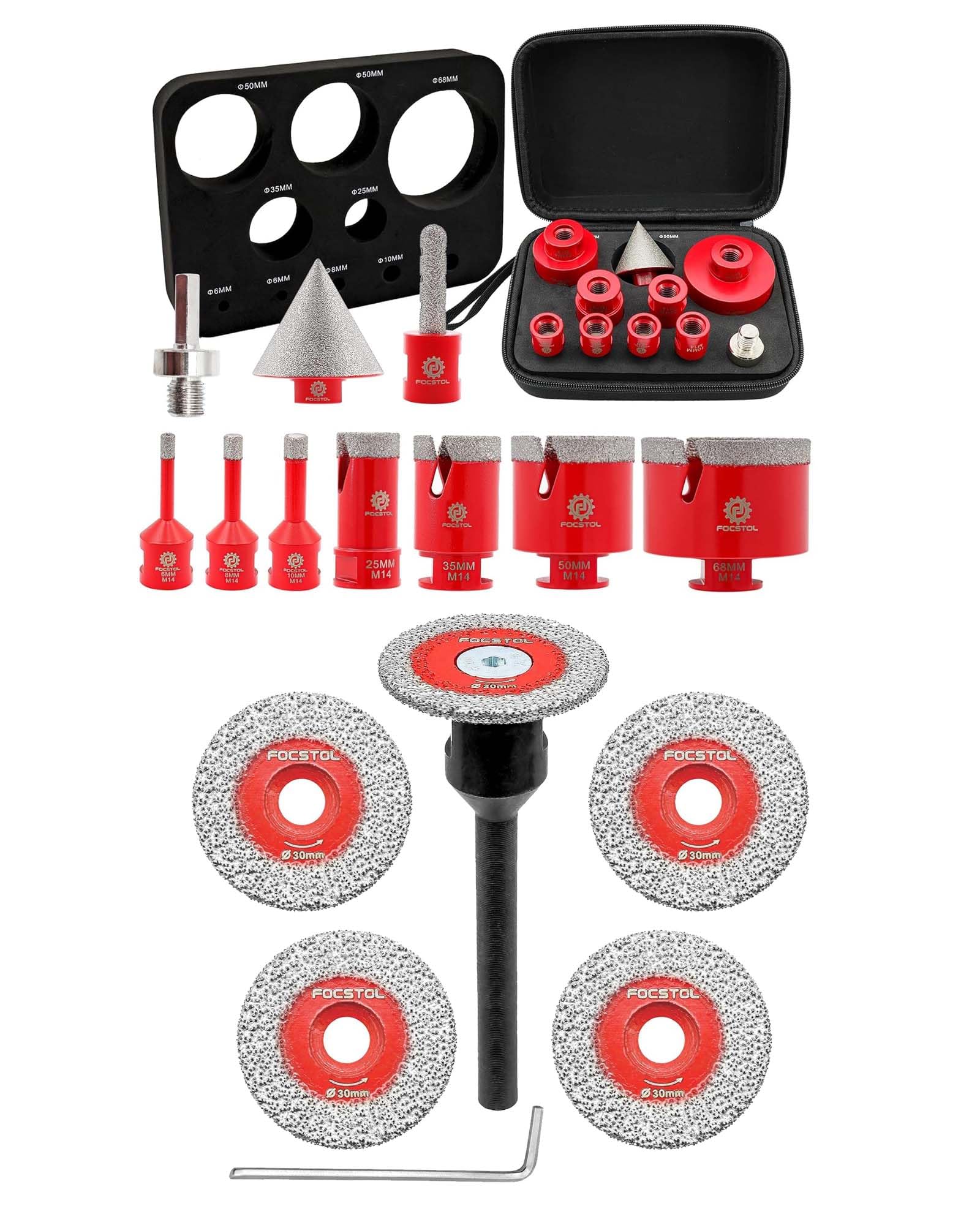 FOCSTOL Disco Diamante Corte 5 piezas 30mm Disco Cortar Azulejos y 1 pieza 6mm Mango Redondo y Juego de Brocas Diamante 10 piezas