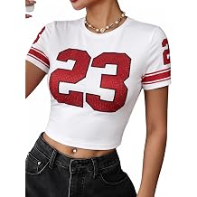 LovelyWholesale Women's Graphic Crop Tops Rhinestone Short Sleeve Slim Fit Jersey Shirt