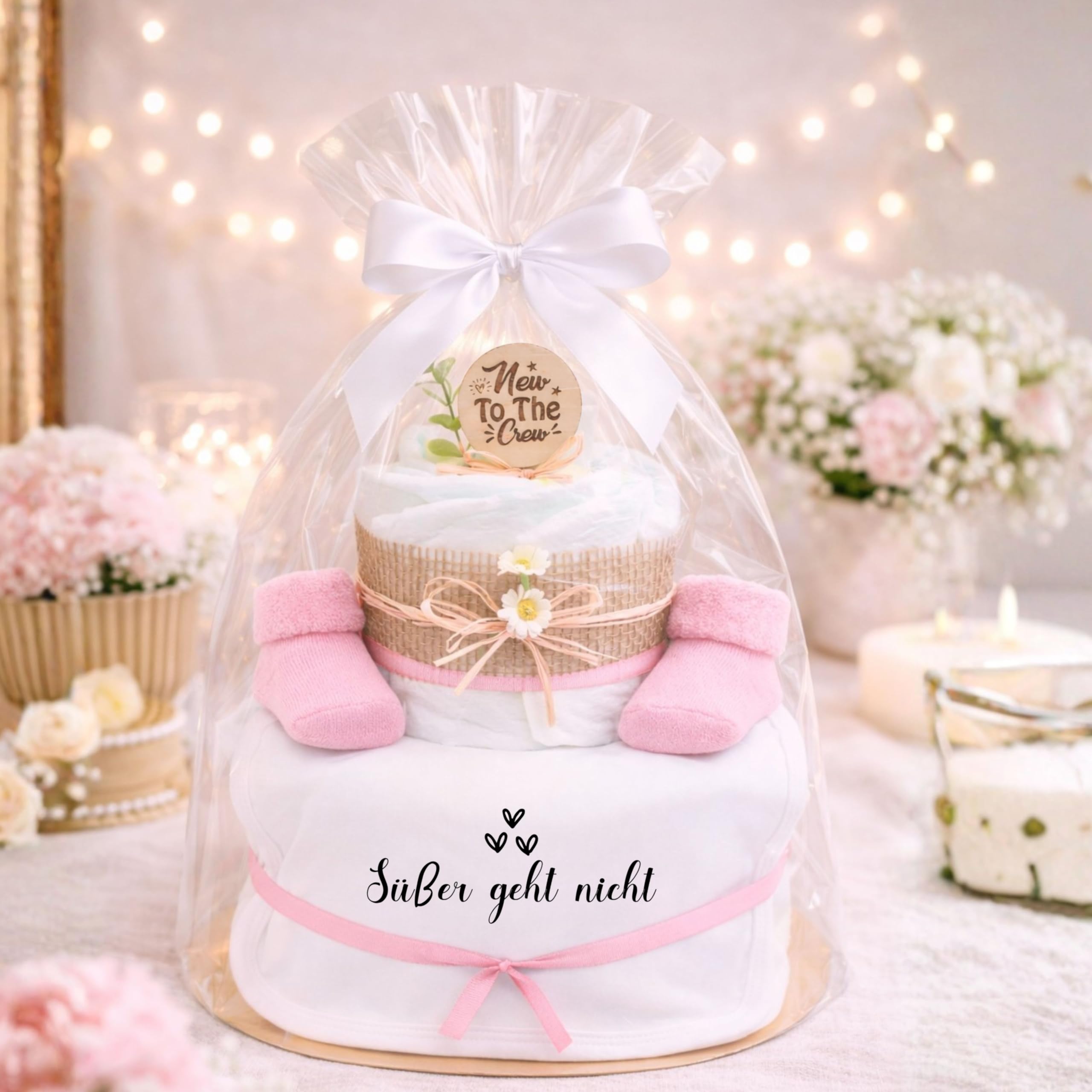 Trend Mama® | Windeltorte Mädchen Rosa – 27 Windeln Größe 2 – Babygeschenk zur Geburt – Babyshower Geschenk – Mit Babylätzchen & Babysocken – Geschenkset Erstausstattung (Design | Süsser geht nicht)